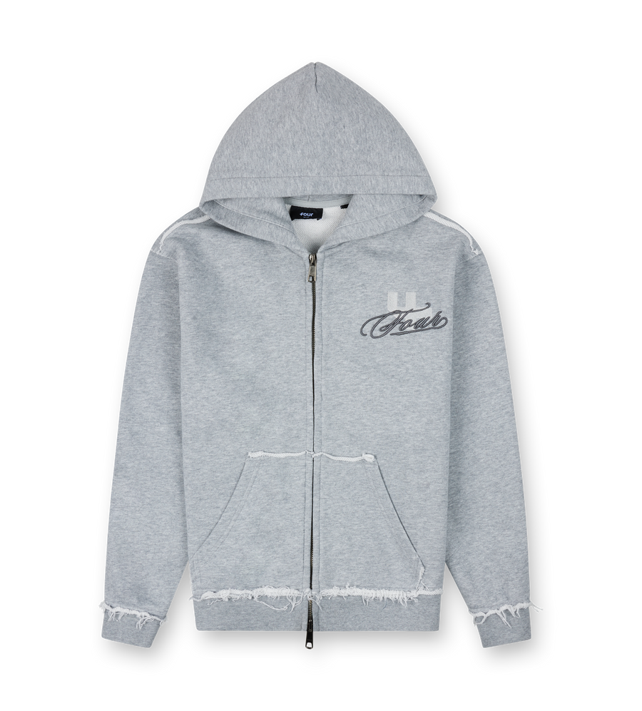Raw Edge Zip Up Hoodie Grey Melange