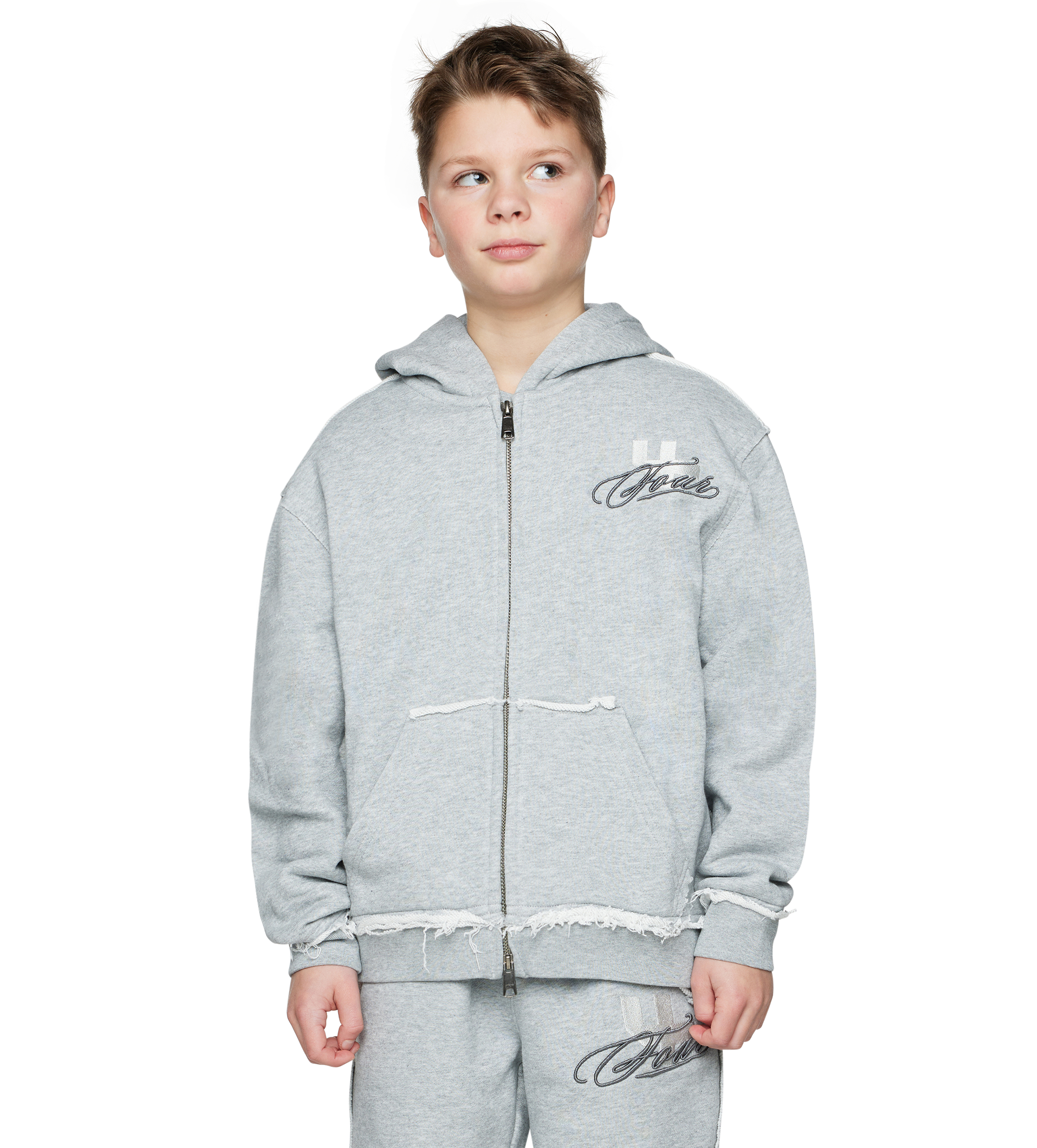 Raw Edge Zip Up Hoodie Grey Melange