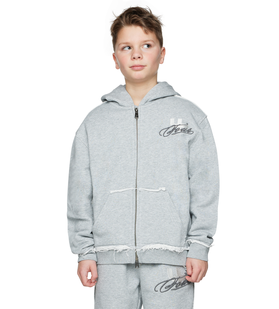 Raw Edge Zip Up Hoodie Grey Melange