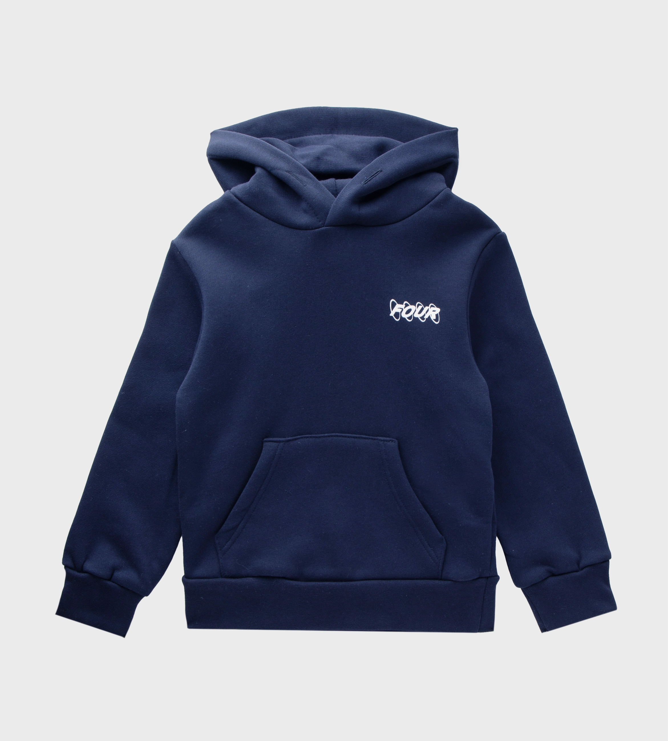 A marine blue hoodie with a front pocket and hood, featuring a logo on the chest.