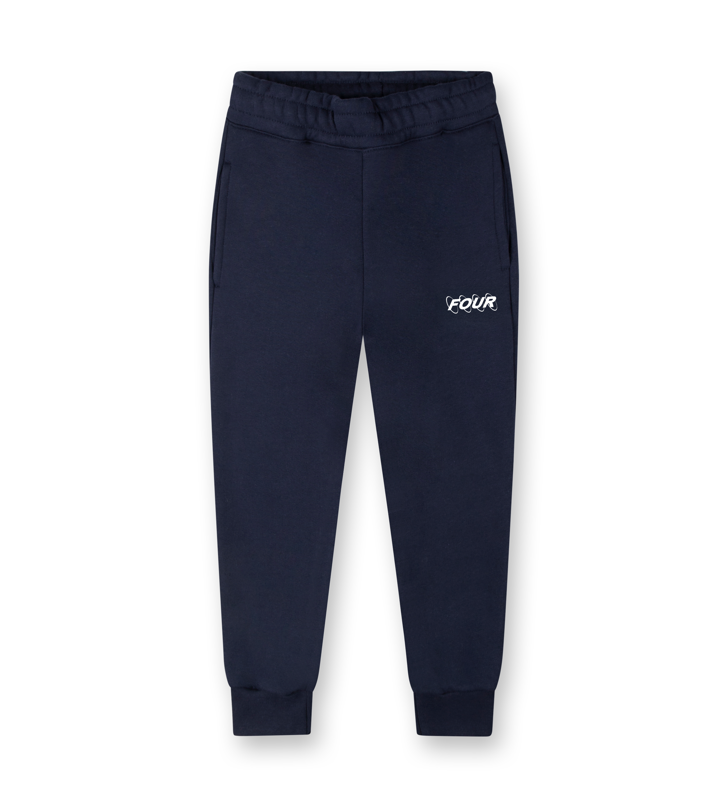 A pair of marine blue sweatpants with a small white logo on the left thigh, featuring a drawstring waistband and two pockets.