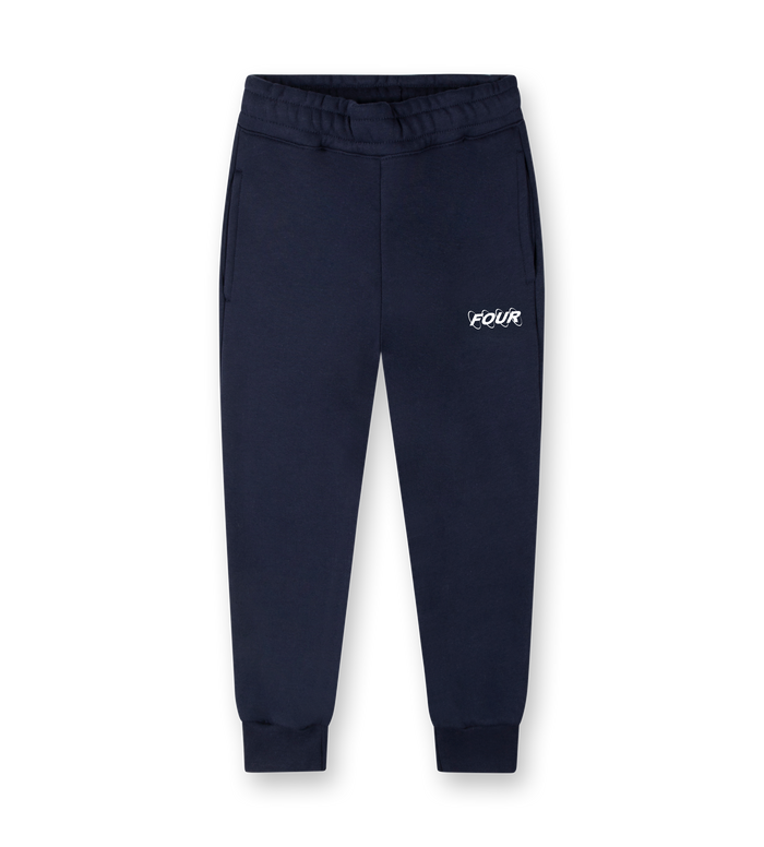 A pair of marine blue sweatpants with a small white logo on the left thigh, featuring a drawstring waistband and two pockets.
