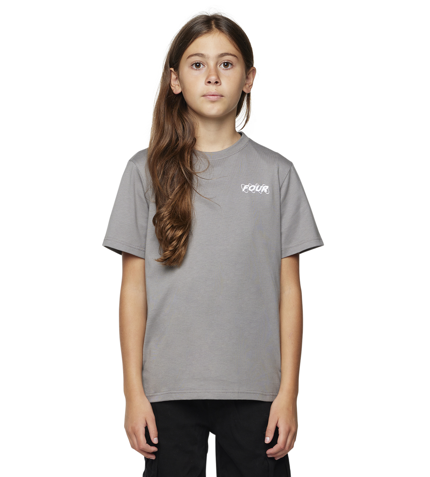 girl model wearing a storm grey t-shirt featuring a logo on the front chest with the word FOUR. 