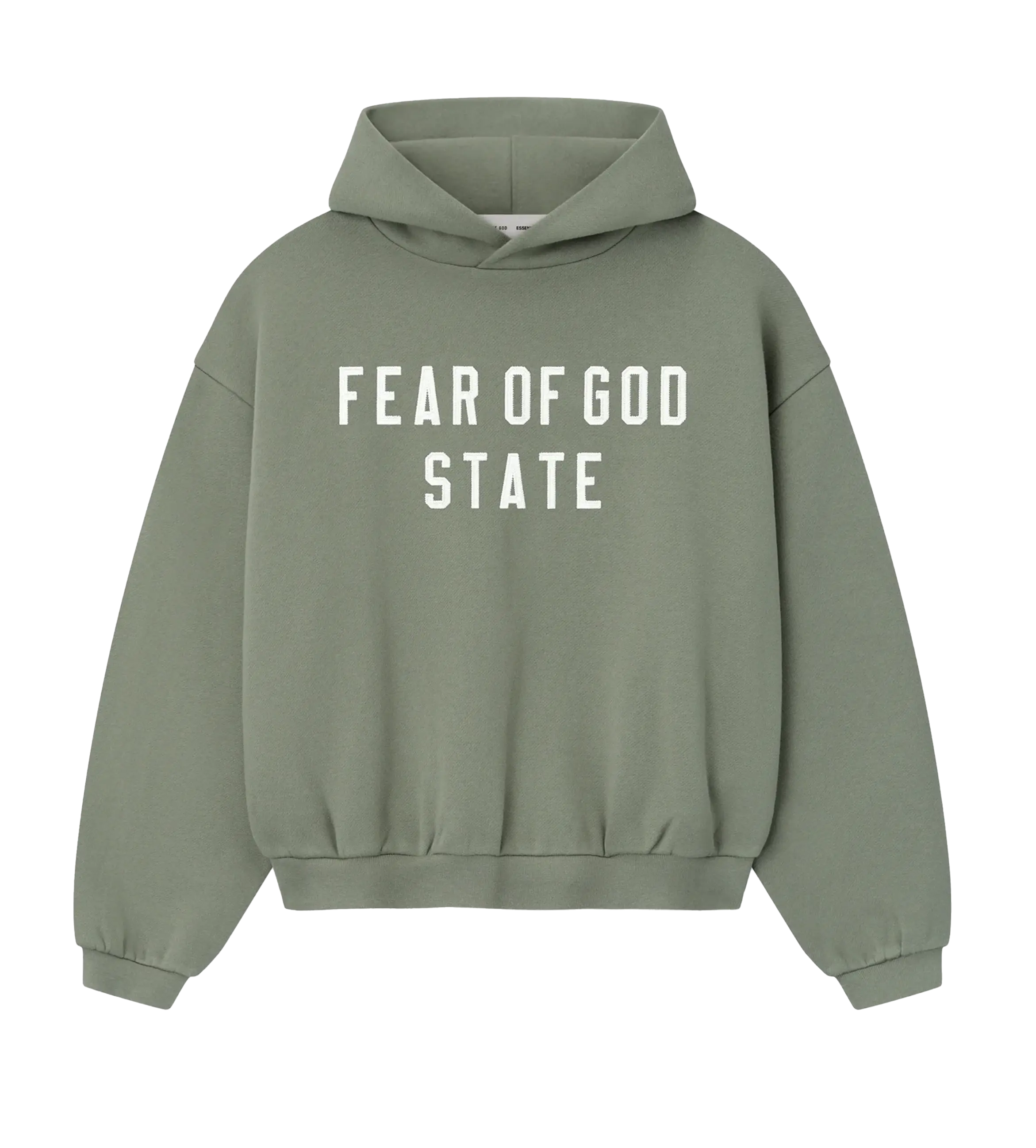 Green hoodie with 'Fear of God State' text on a white background