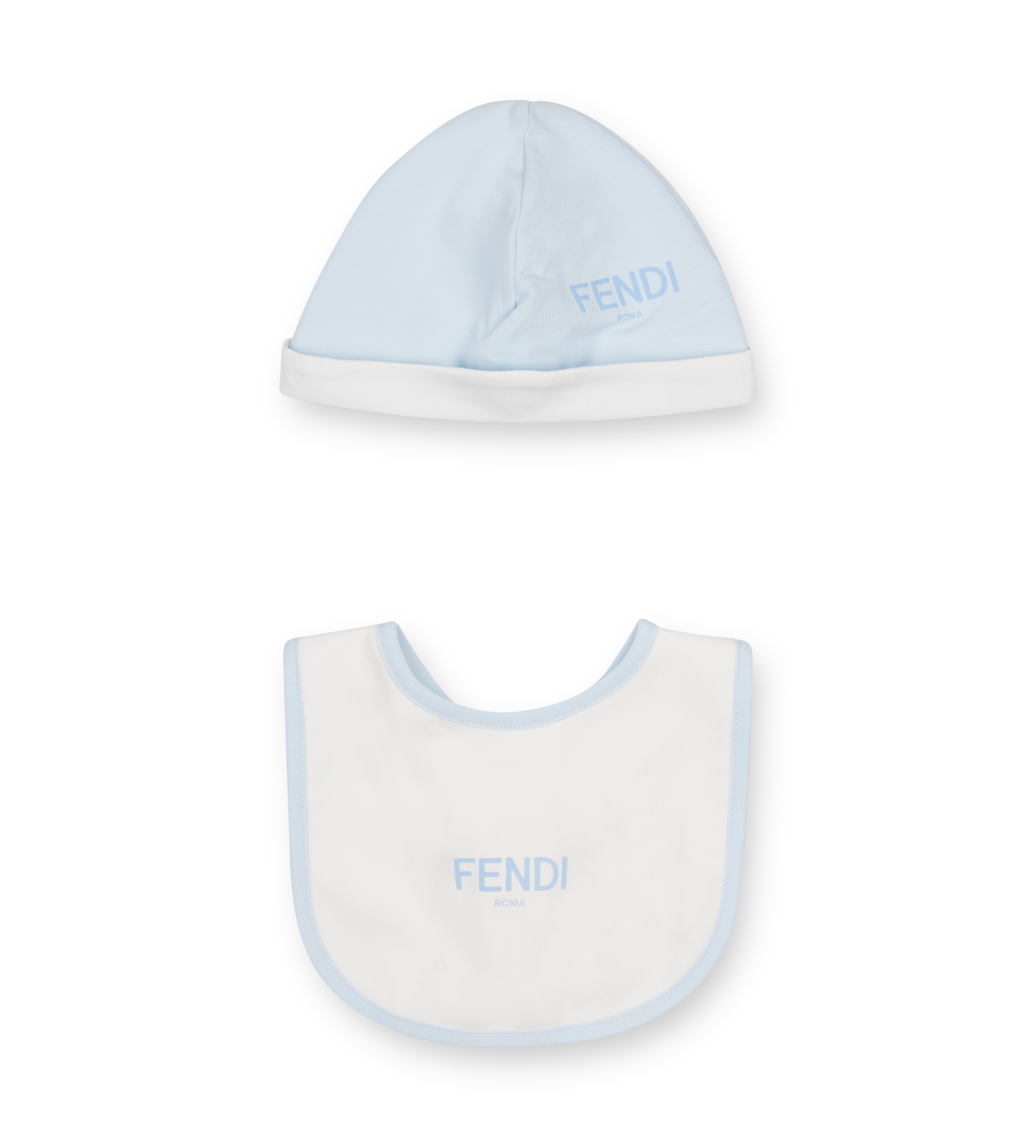Light blue baby hat and bib with Fendi logo on a white background