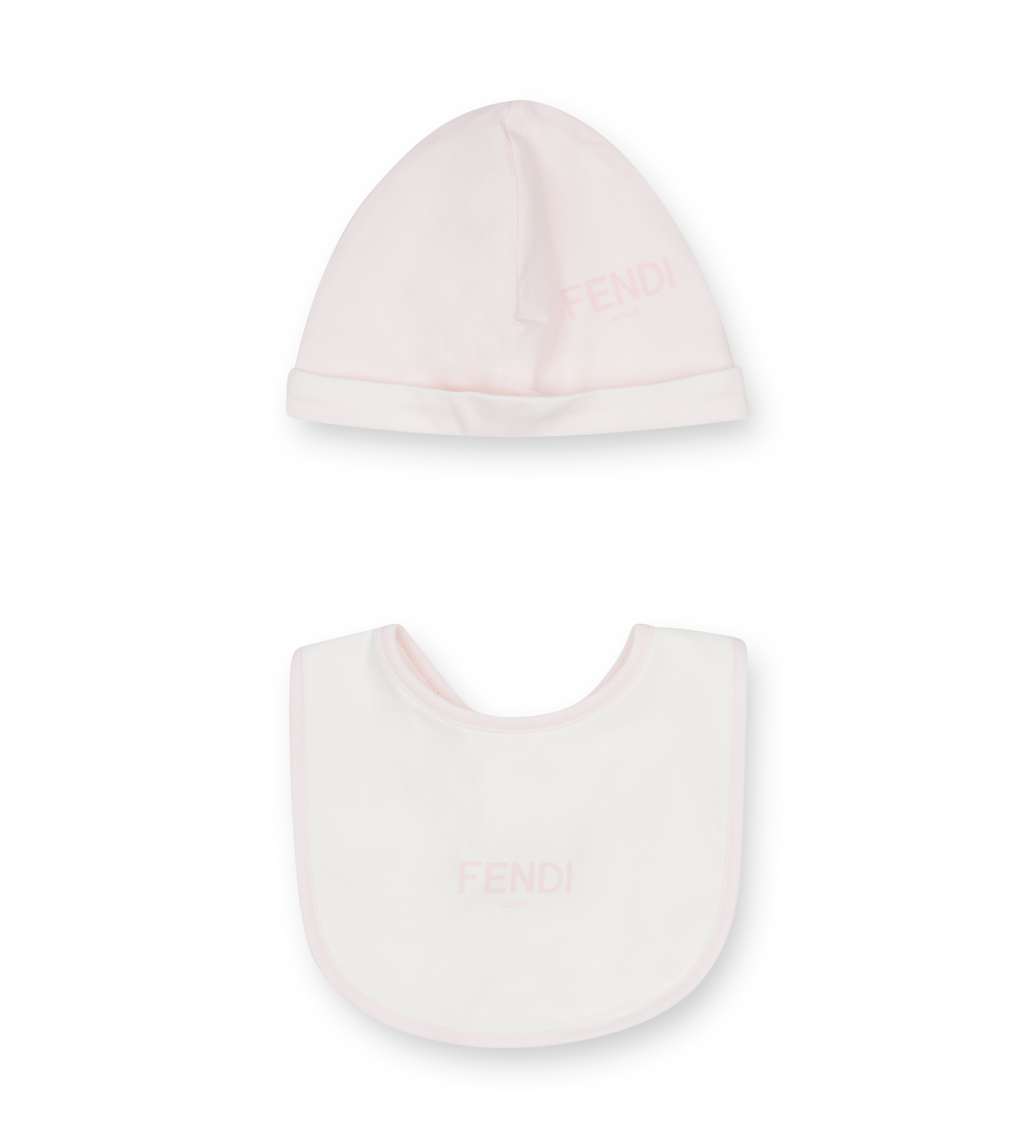 Baby hat and bib set on a white background