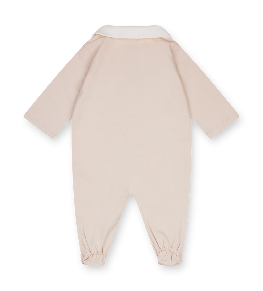 Beige baby outfit with long sleeves and pants on a white background