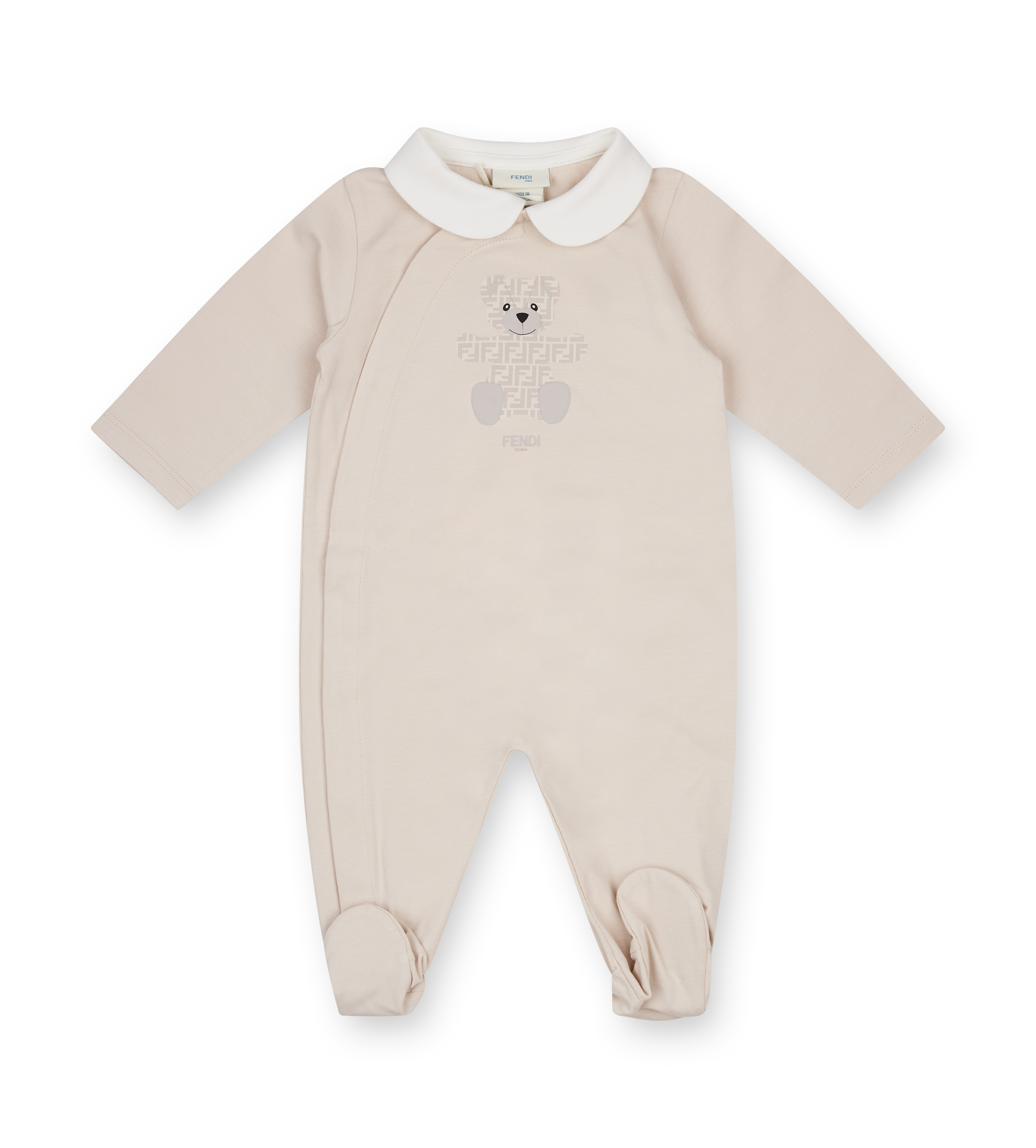 Beige baby onesie with white collar on a white background