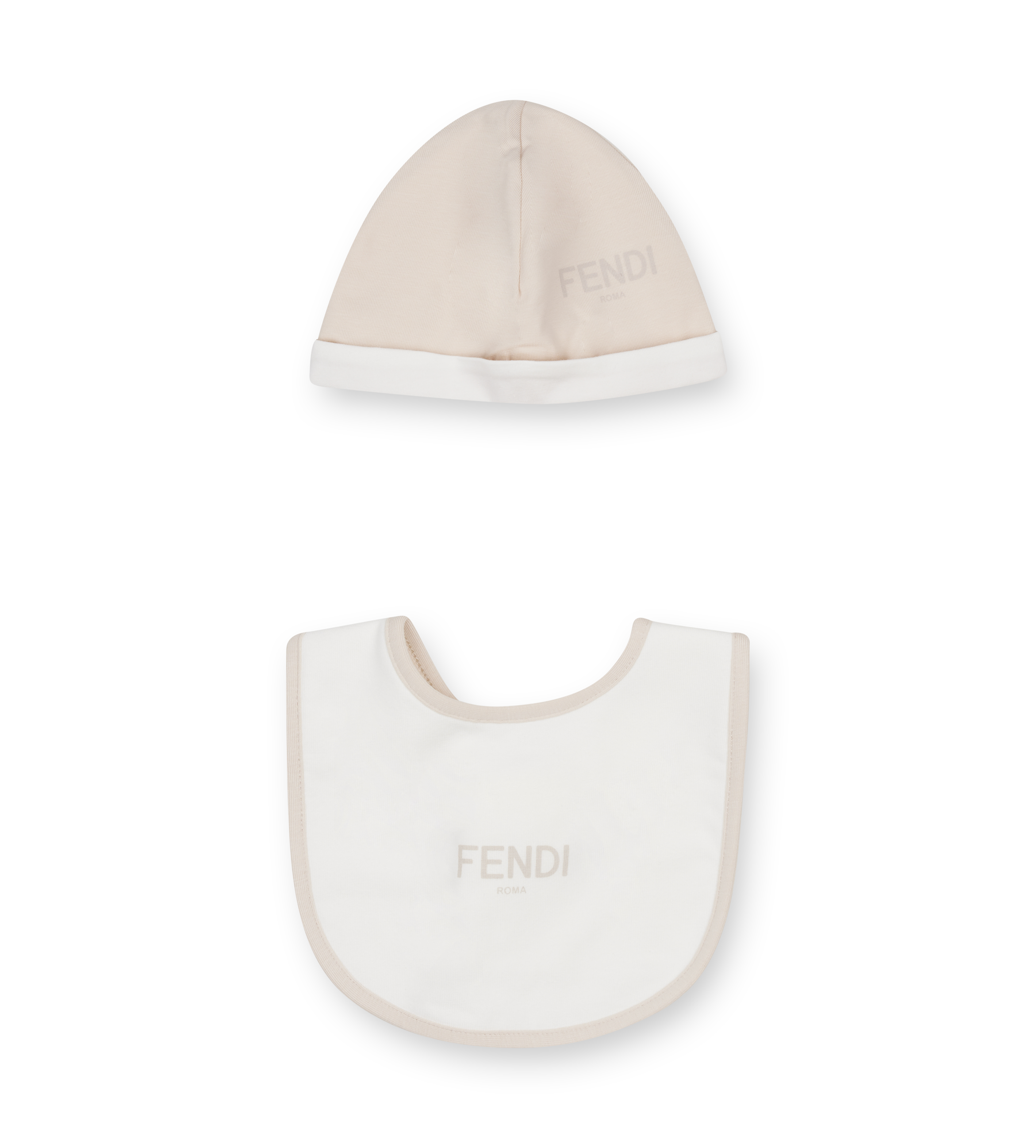 Beige baby hat and bib with Fendi logo on a white background