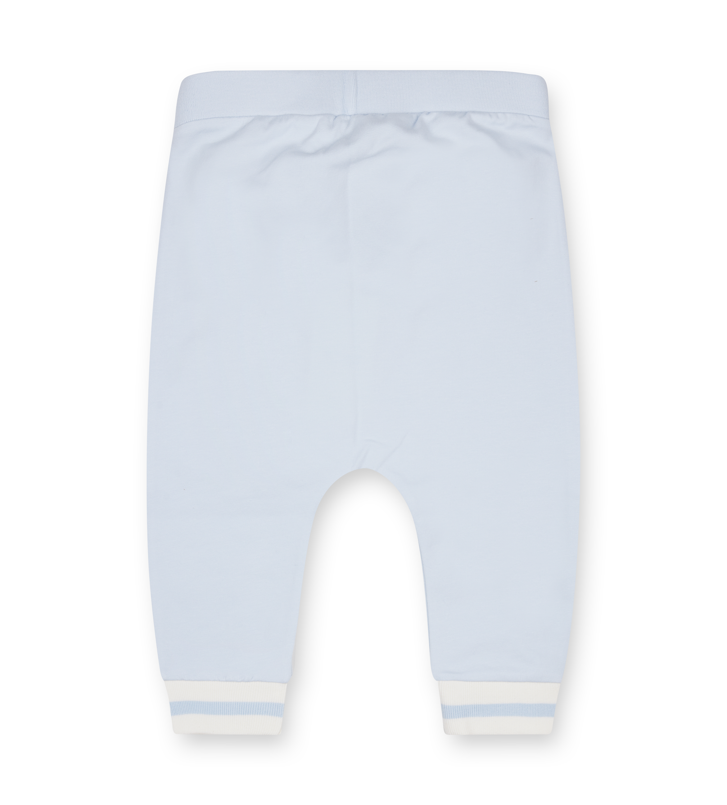 Light blue baby pants with white cuffs on a white background