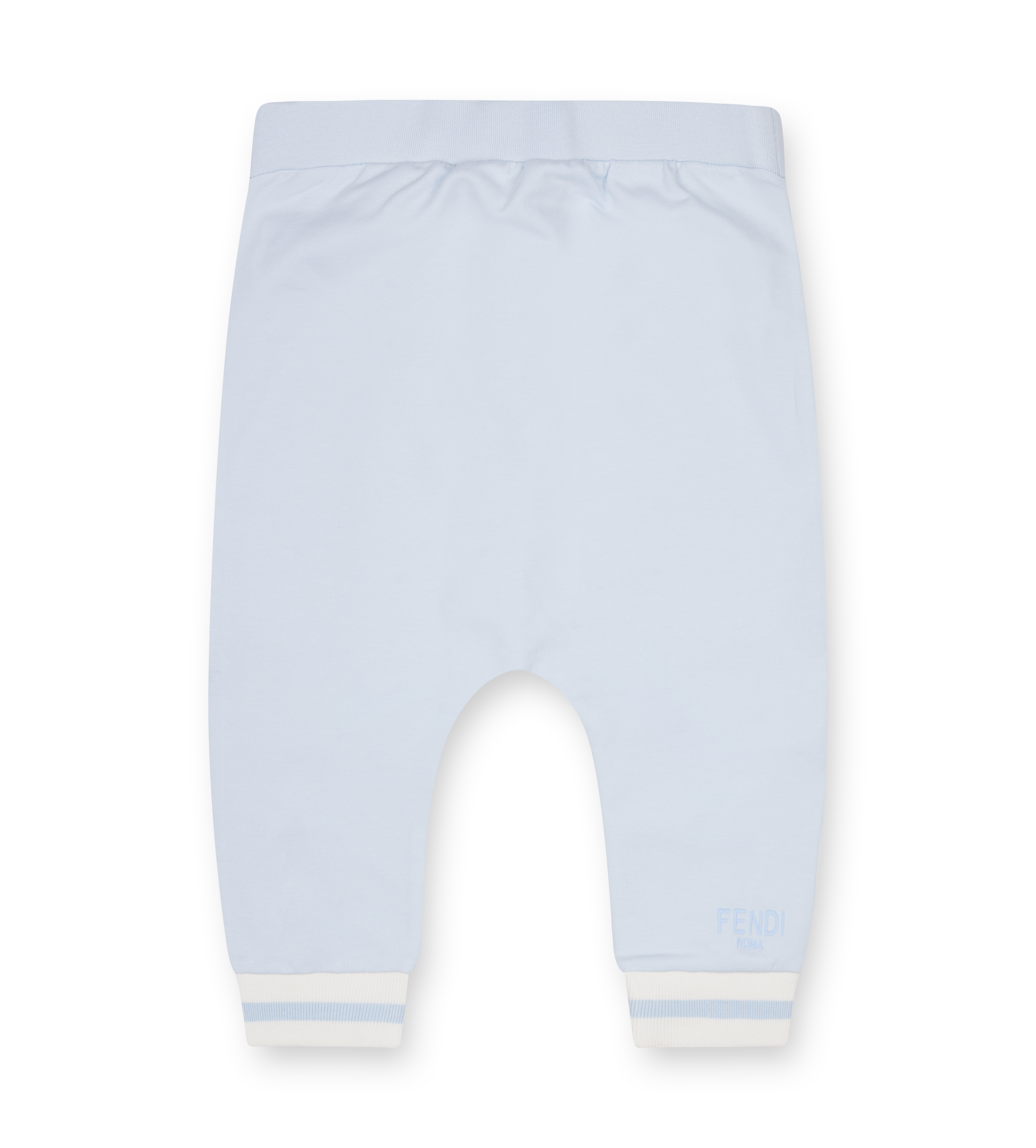 Light blue baby pants with white cuffs on a white background