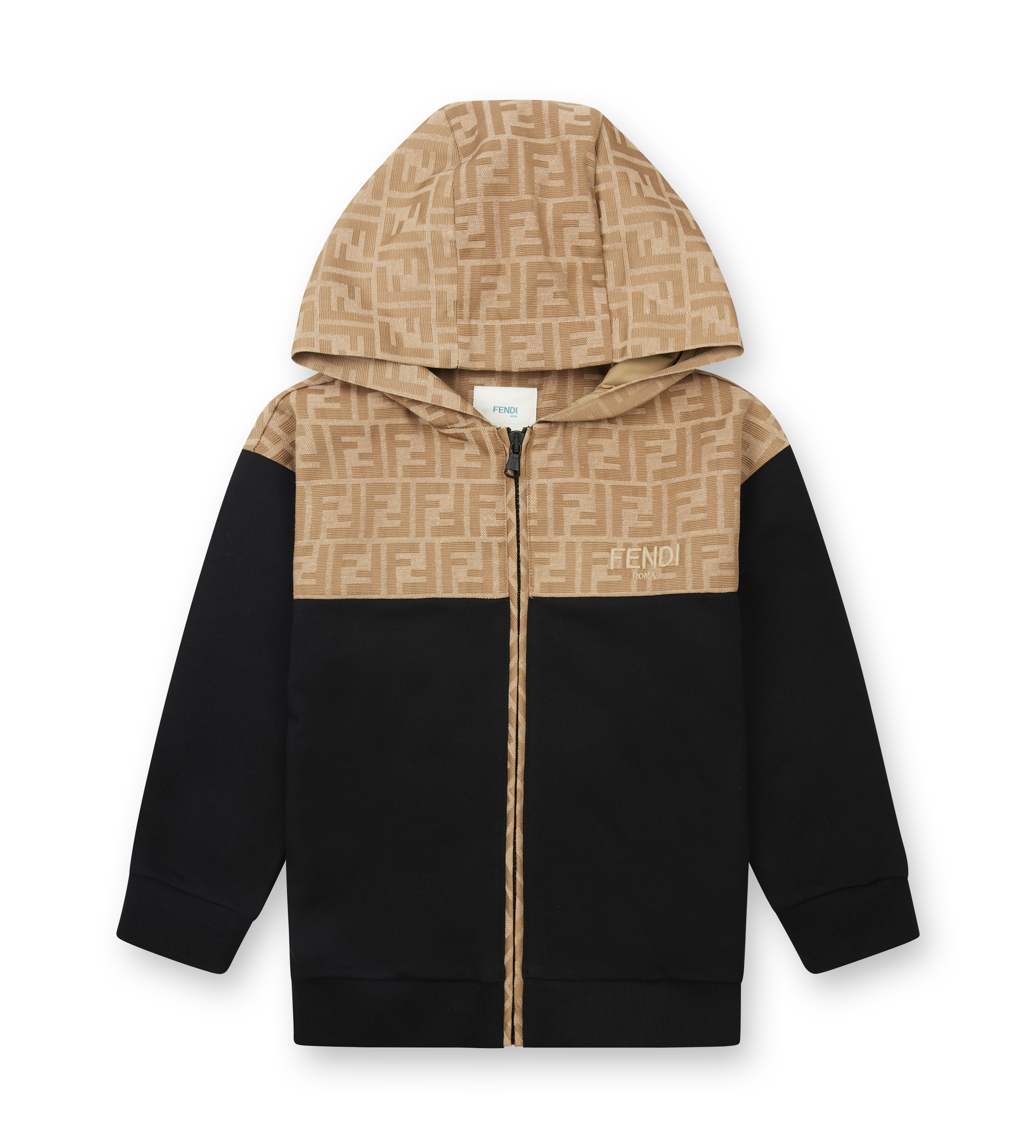 Black and beige hoodie with Fendi logo on a white background
