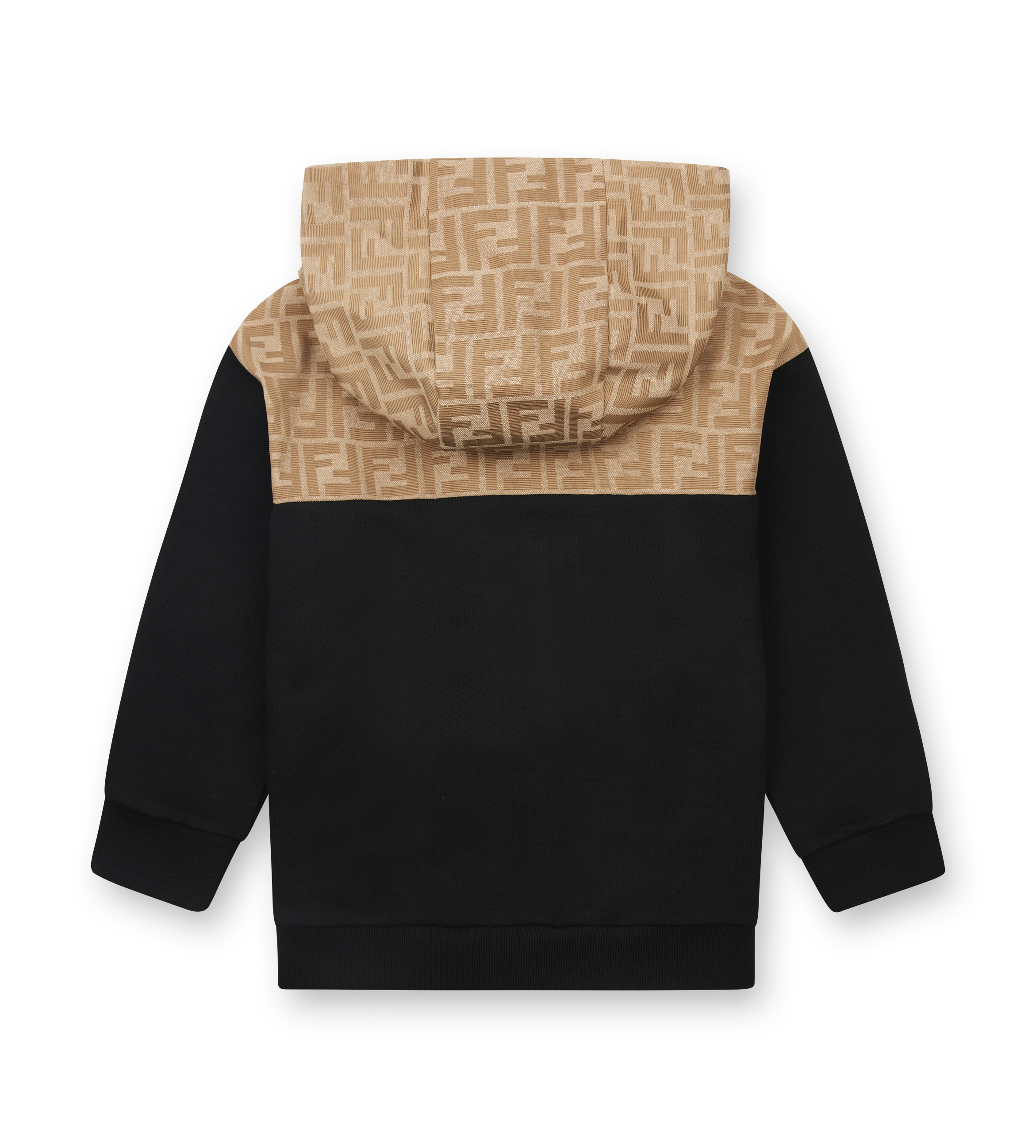 Black hoodie with beige hood featuring a pattern on a white background
