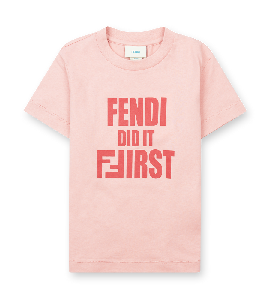 Pink t-shirt with 'Fendi Did It First' text on a white background