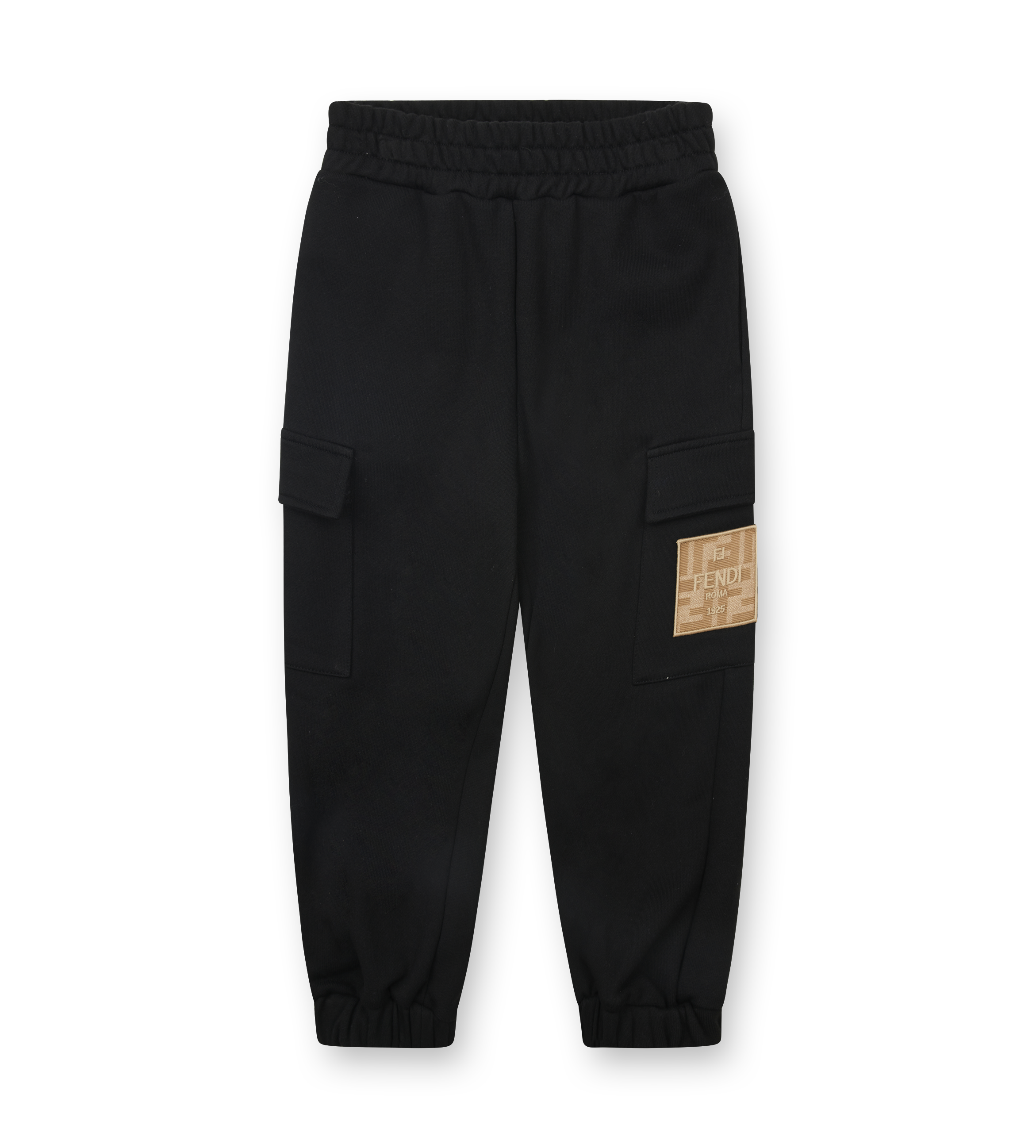 Black cargo pants with a patch on a white background