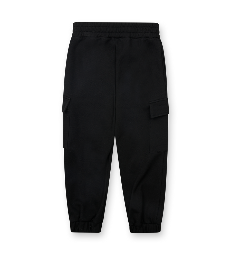 Black cargo pants on a white background