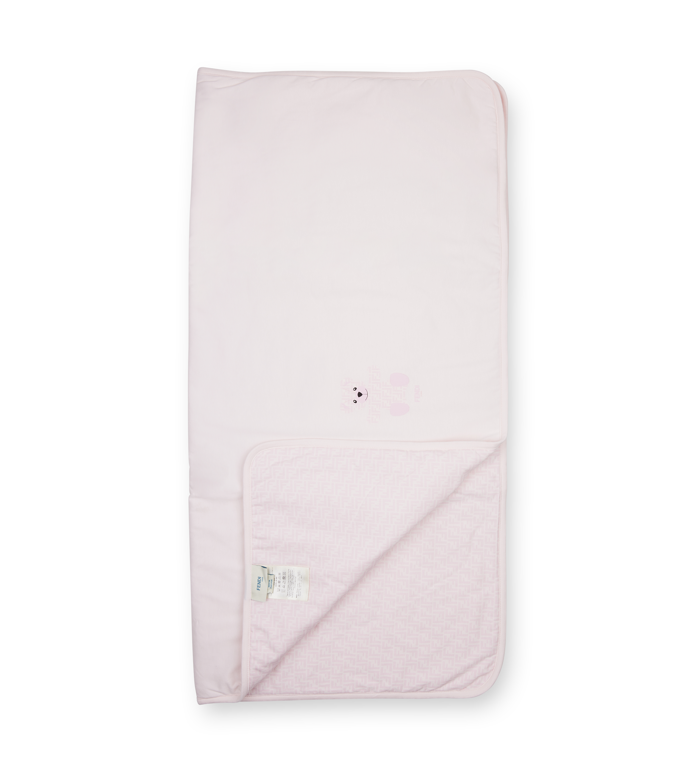 Pink baby blanket with a brand logo on a white background