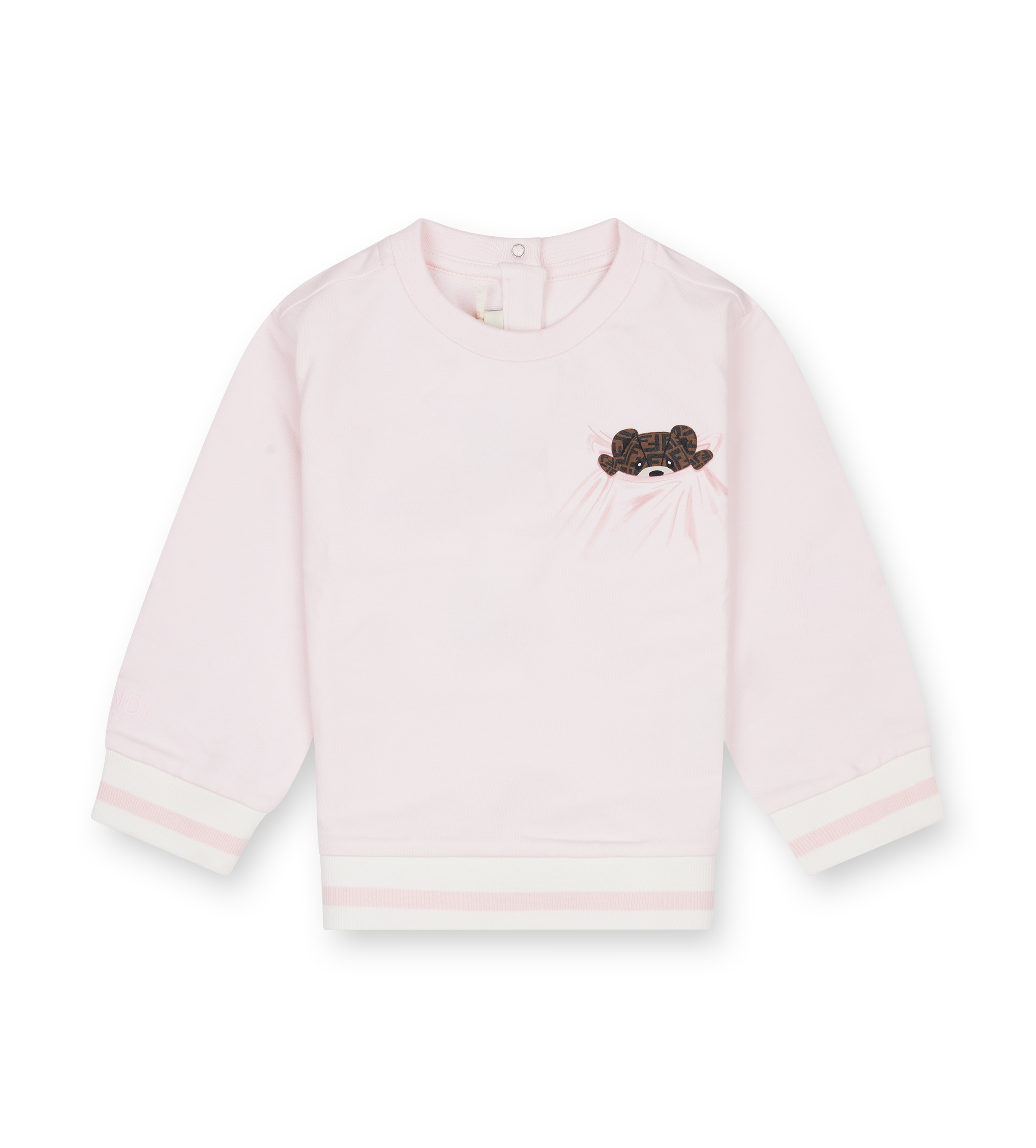 Pink sweater with a black and white design on a white background