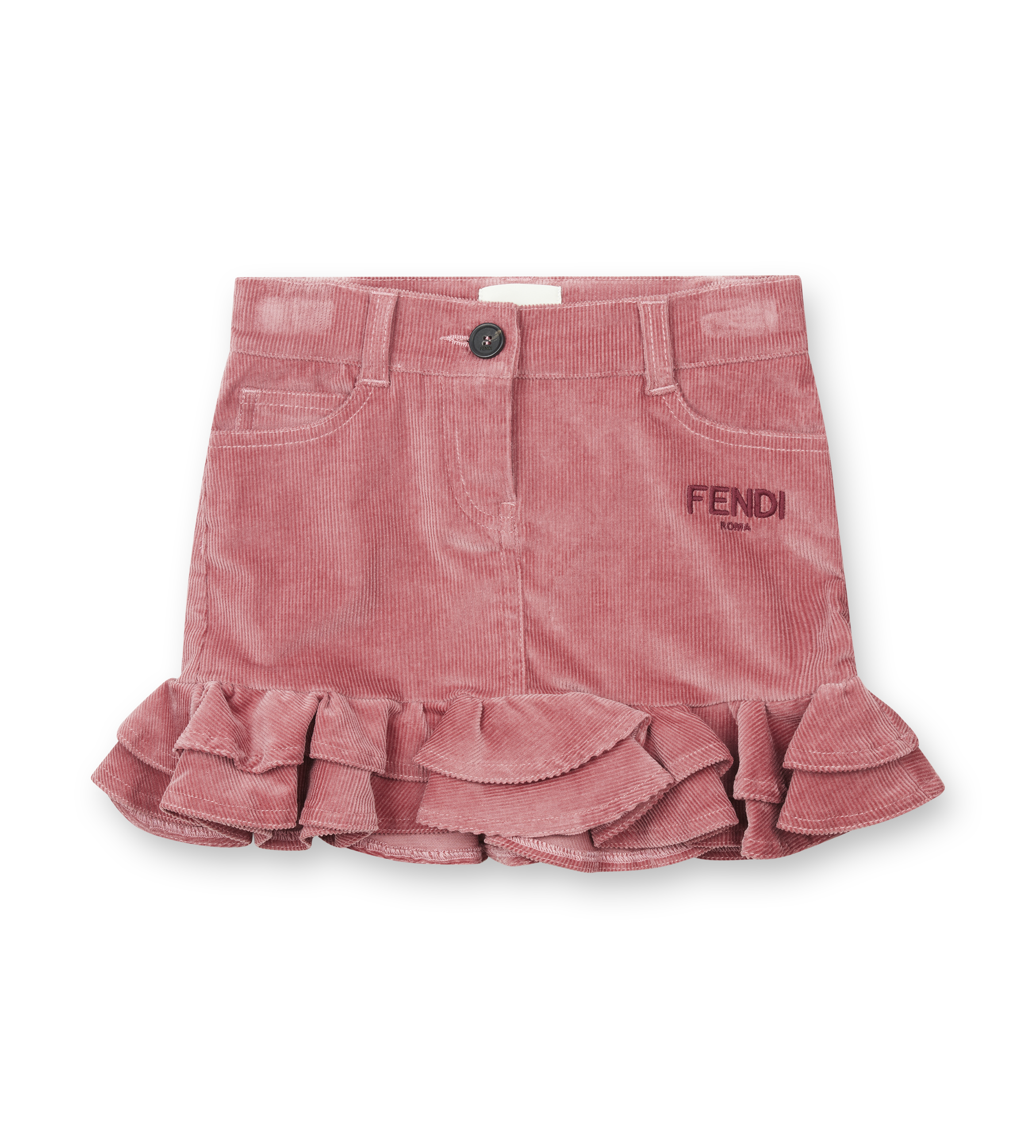 Pink ruffled skirt with Fendi logo on a white background