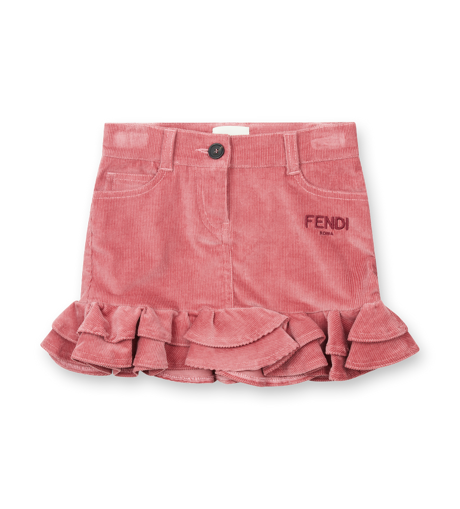 Pink ruffled skirt with Fendi logo on a white background
