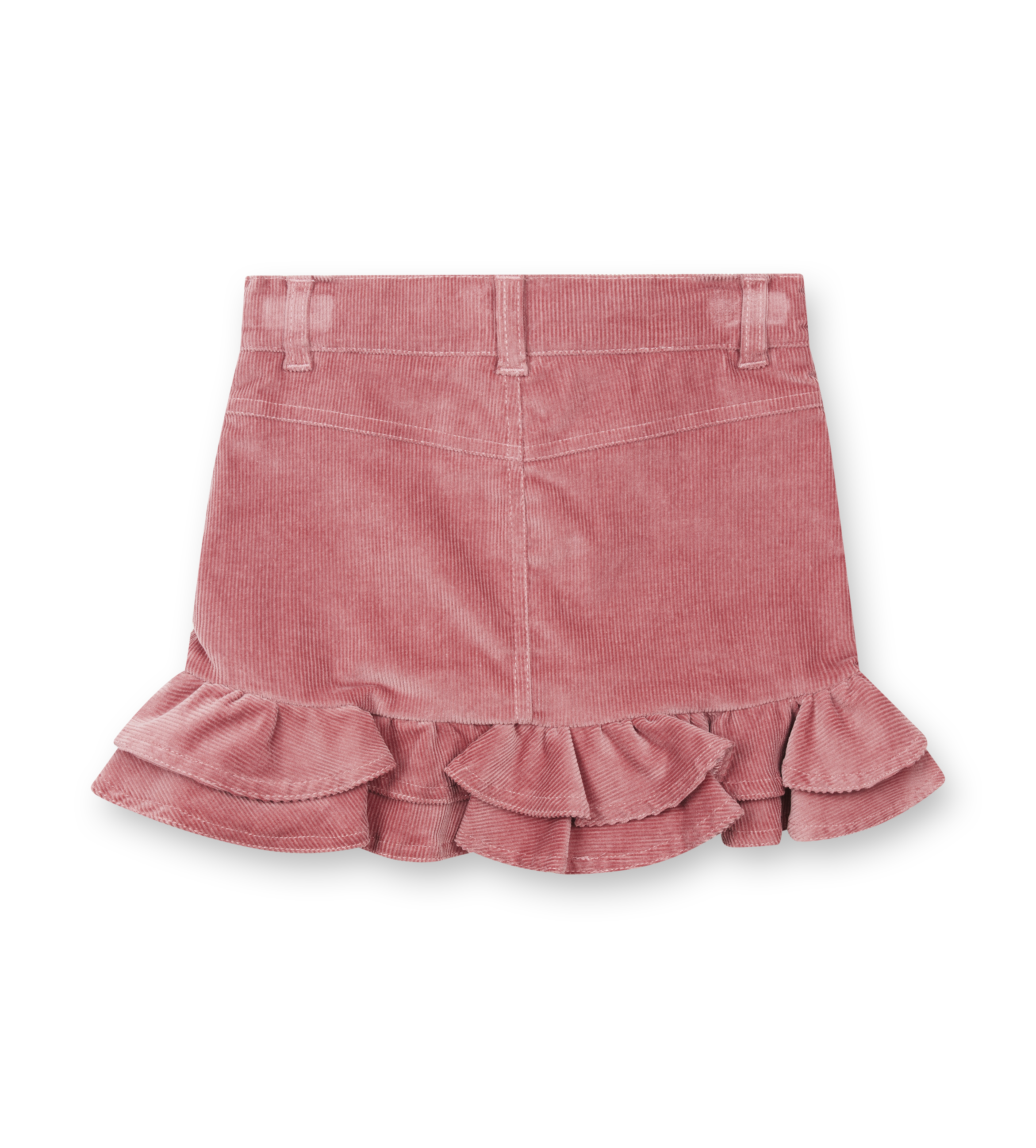 Pink corduroy skirt with ruffled hem on a white background