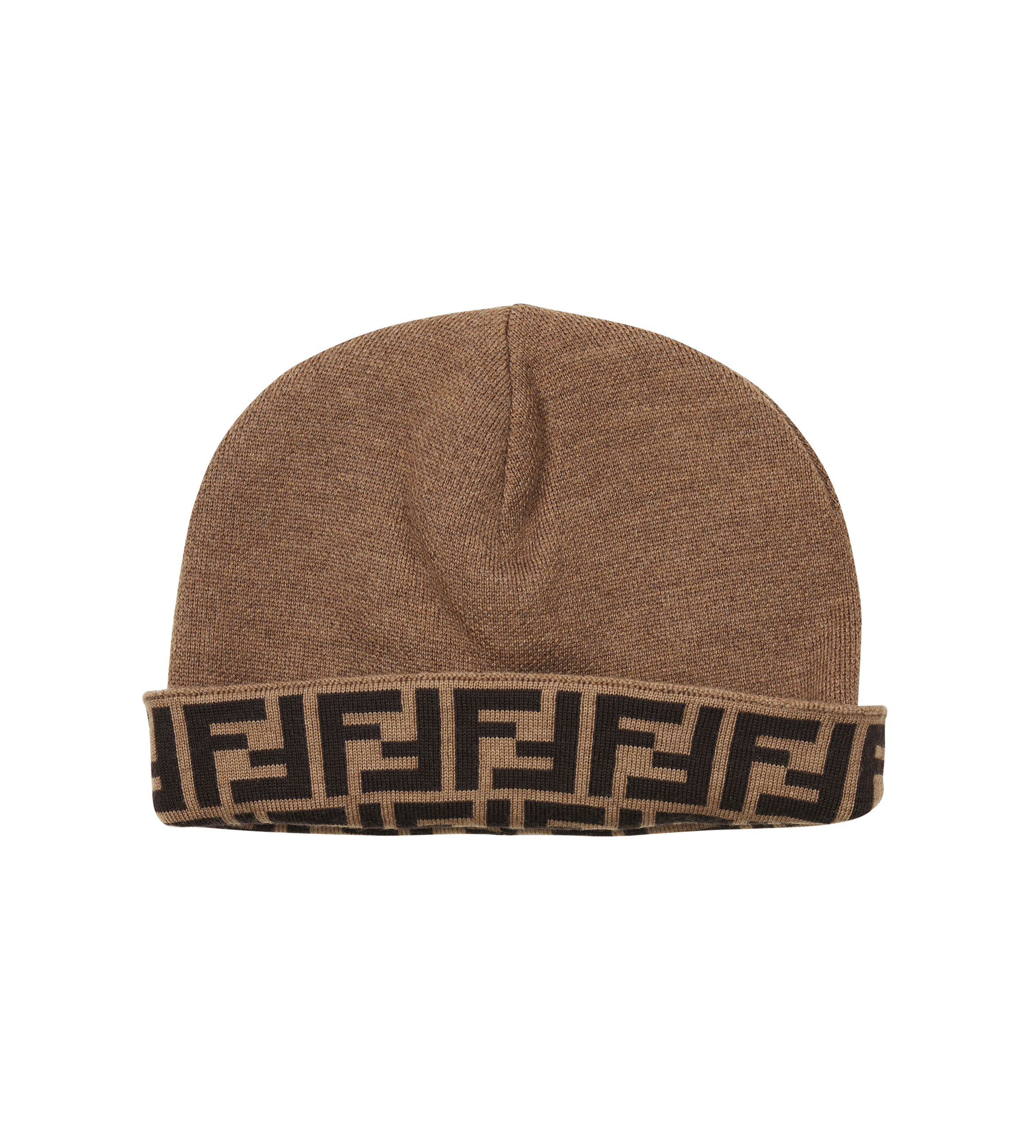 Brown beanie with a patterned band on a white background
