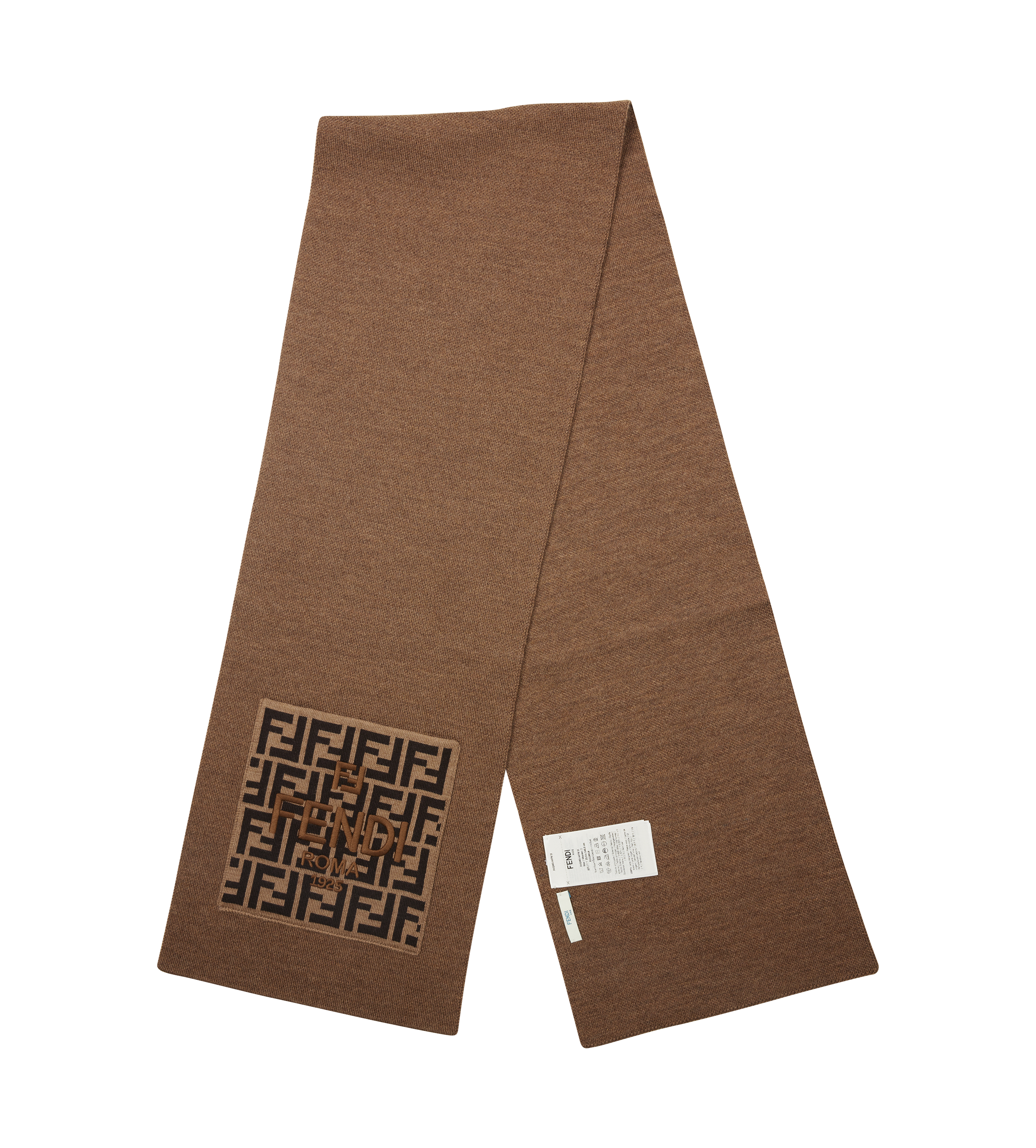 Brown scarf with a patterned logo on a white background