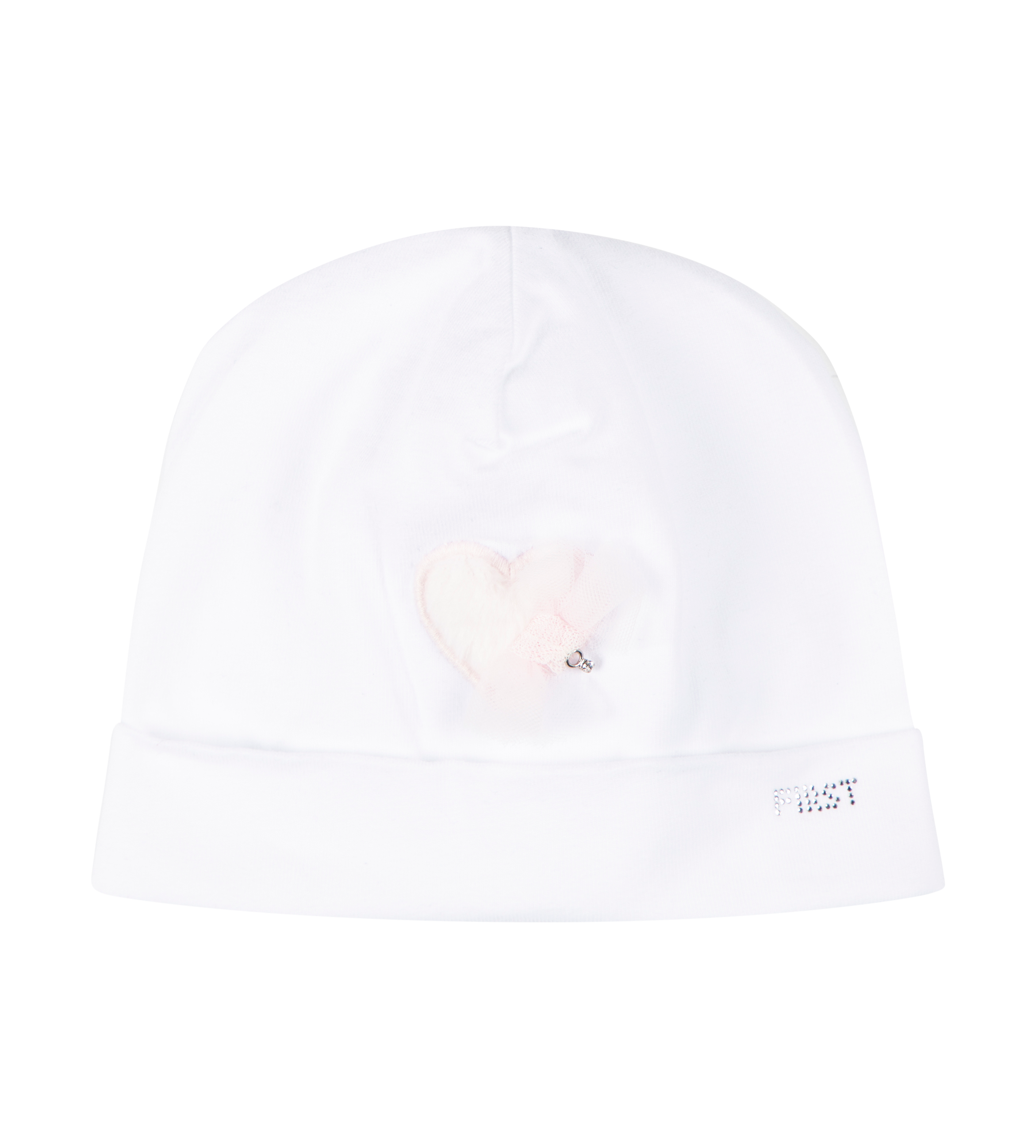 A white and pink baby bonnet with a heart and bow design, and rhinestones forming the word 'first' at the front.