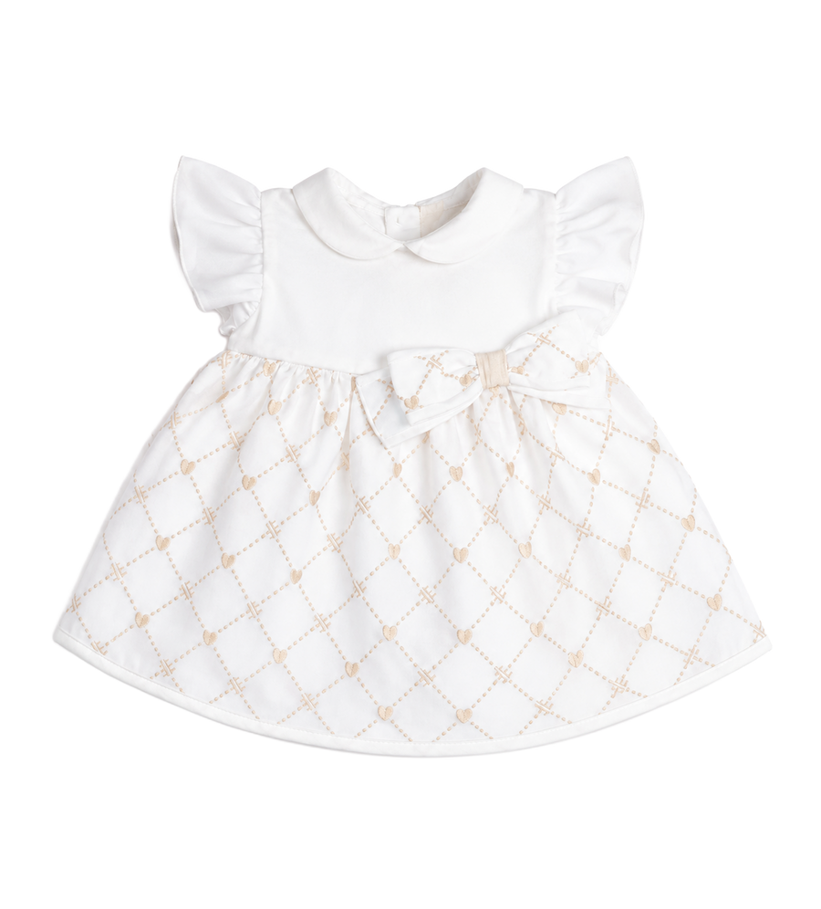 First Baby Dress with Bow in White/Beige