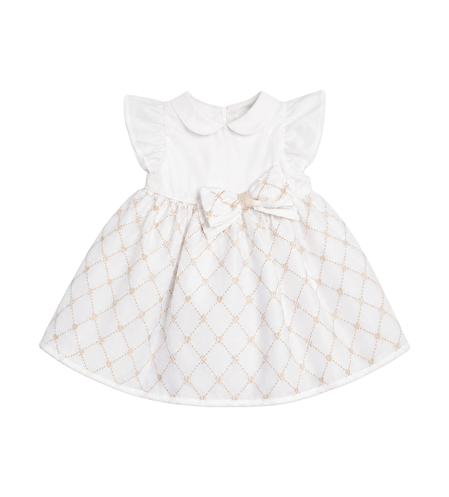 First Organza Dress with Bow in White/Beige