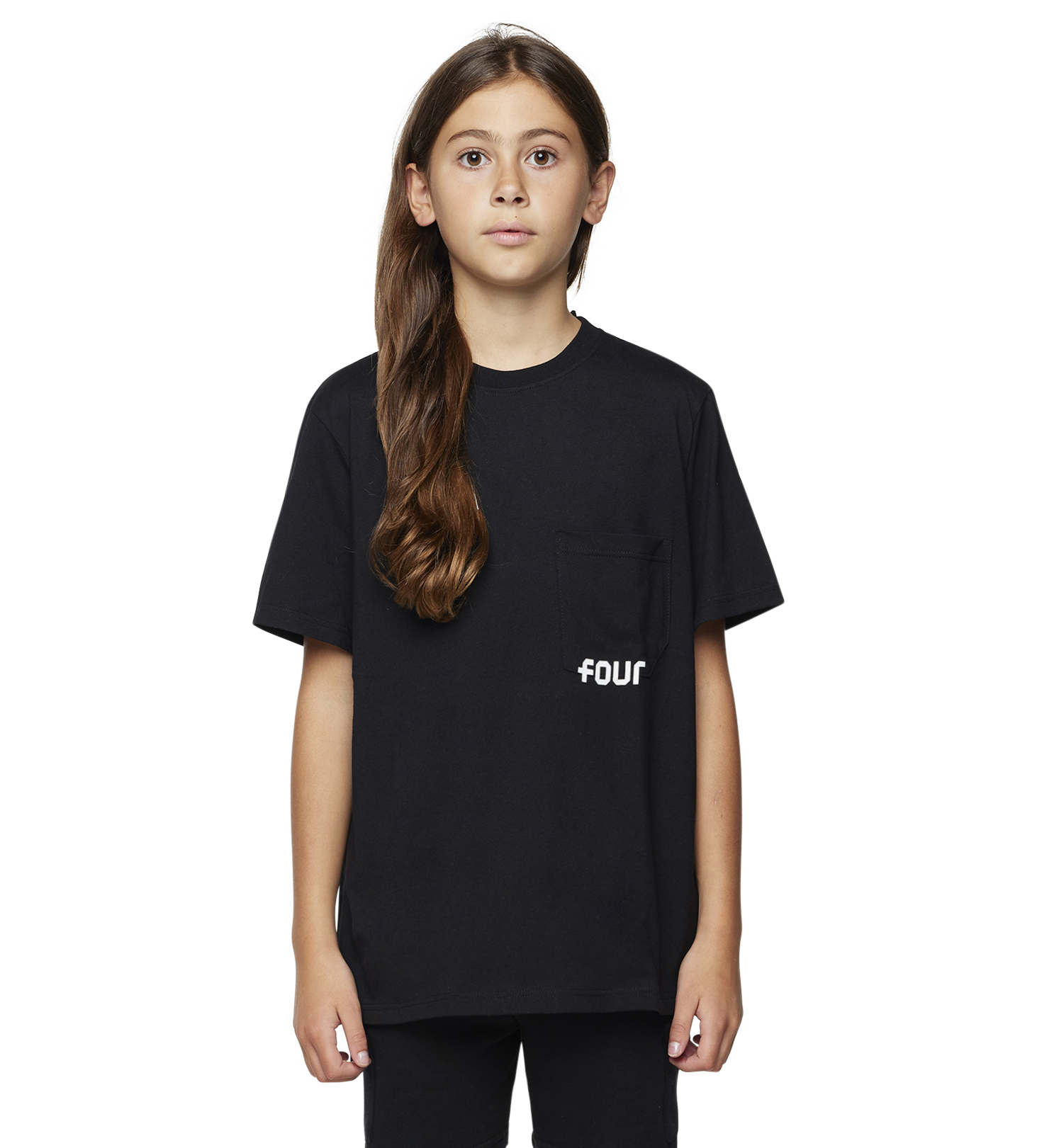 Girl model wearing a black pocket t-shirt with a printed logo 