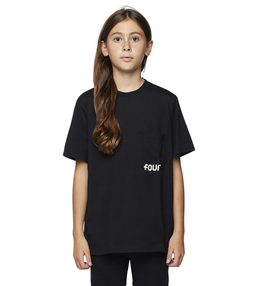 Girl model wearing a black pocket t-shirt with a printed logo "FOUR" on the chest
