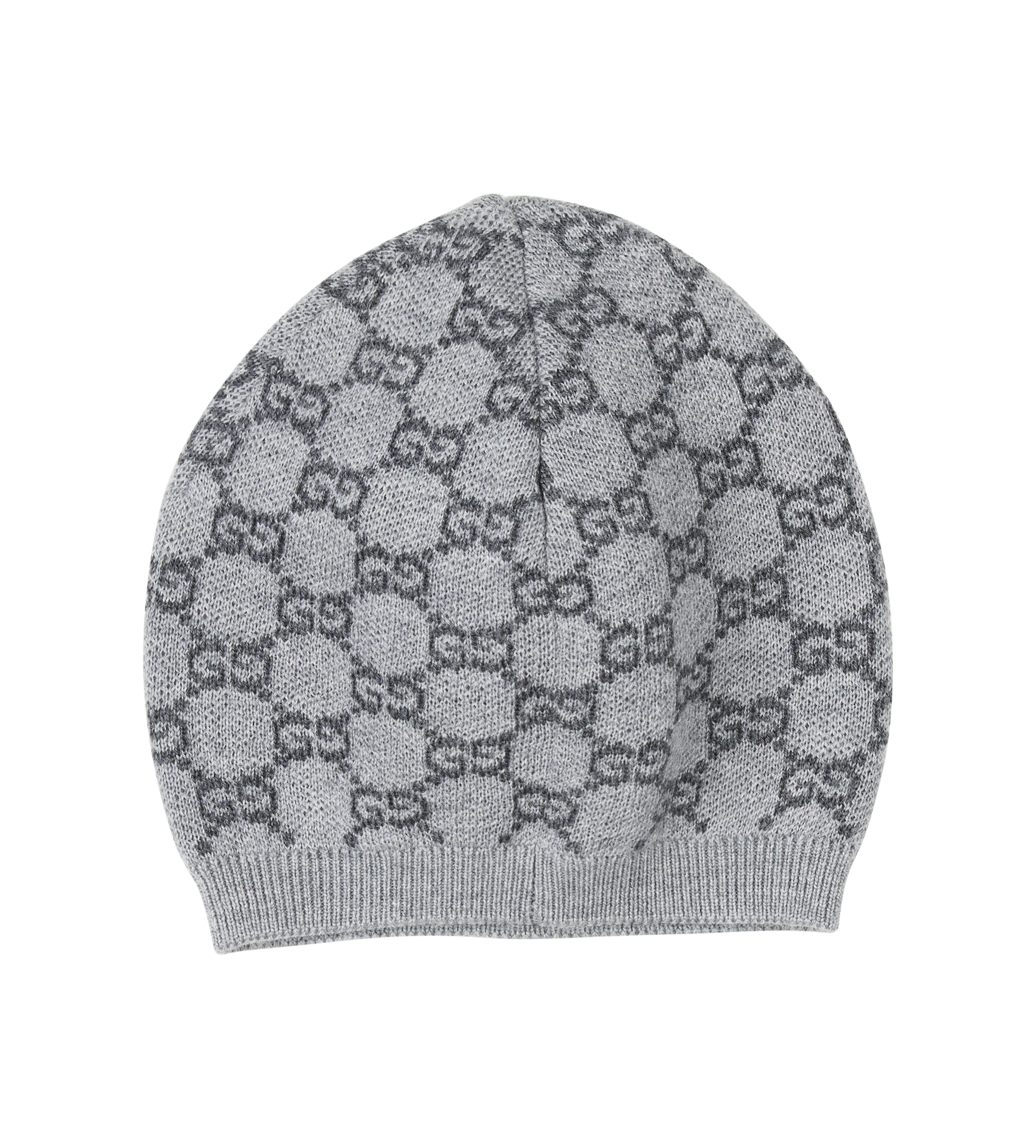 Gray knit beanie with a pattern on a white background