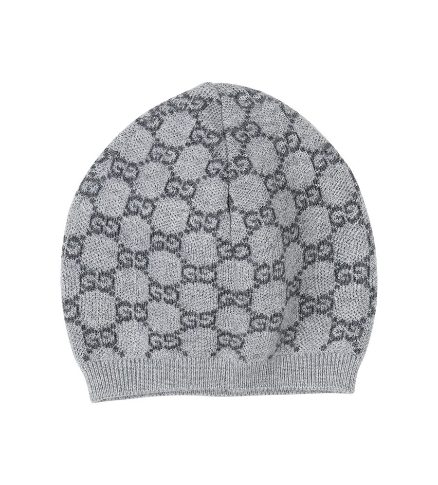 Gray knit beanie with a pattern on a white background