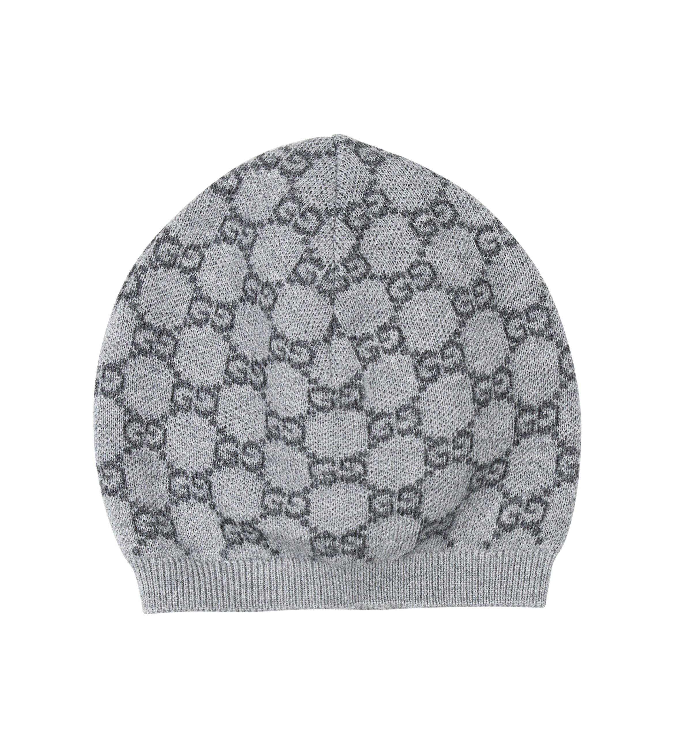 Gray knit beanie with a pattern on a white background
