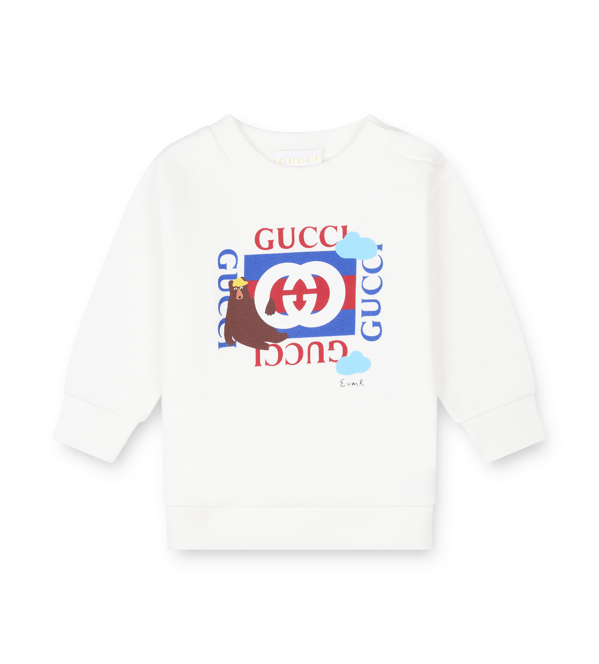 White sweatshirt with Gucci logo and bear print on a white background

