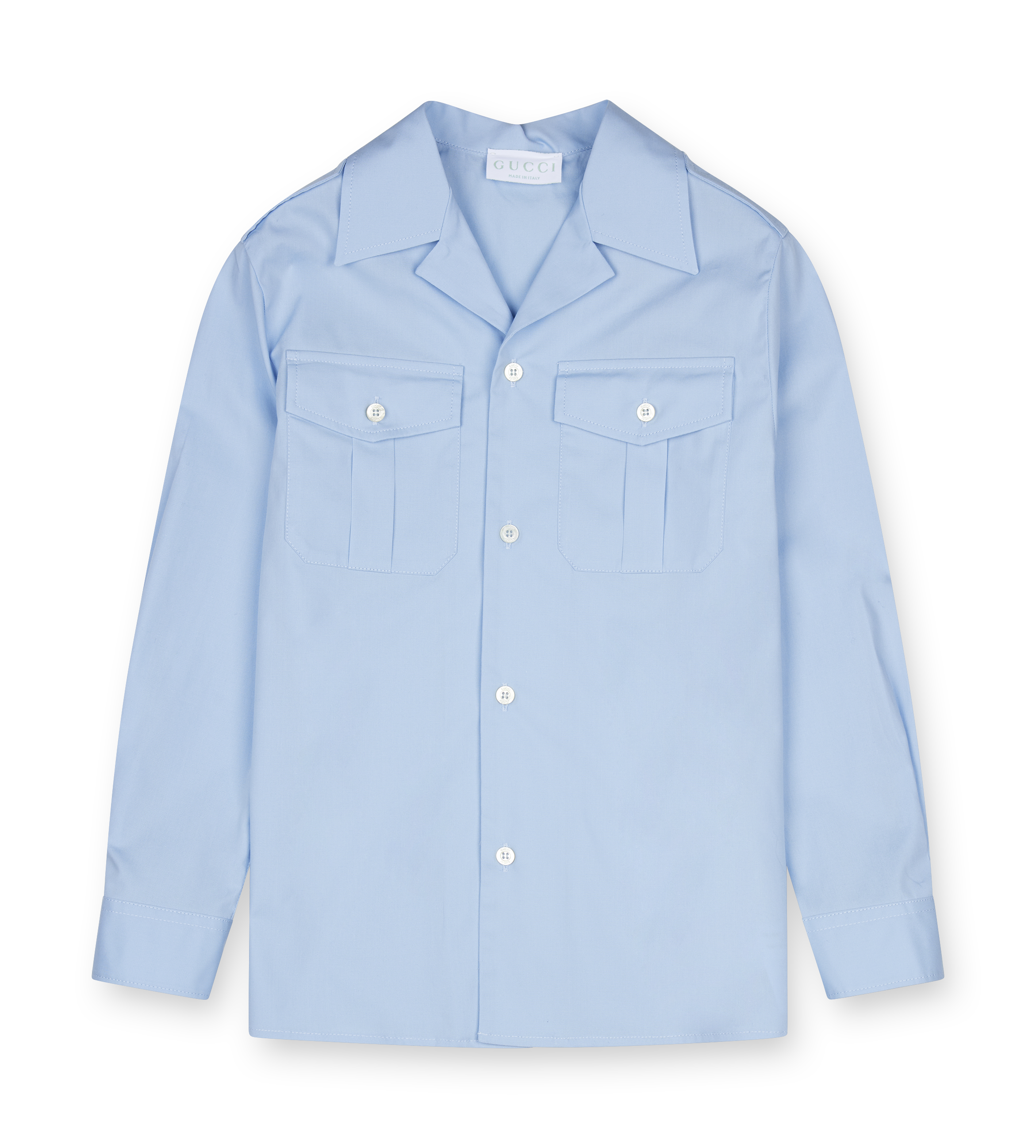 Light blue shirt with button details on a white background
