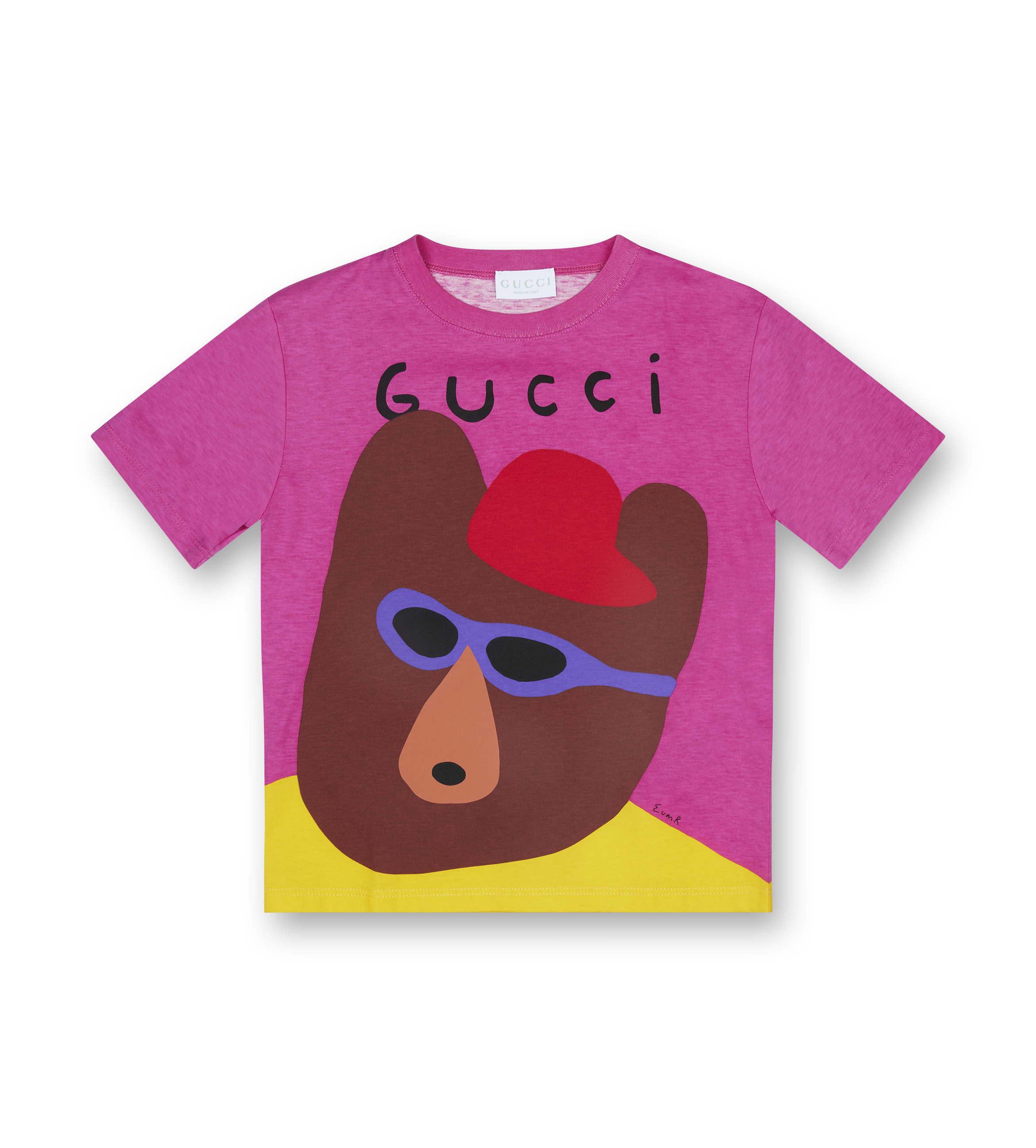 Pink Gucci t-shirt with a bear graphic on a white background
