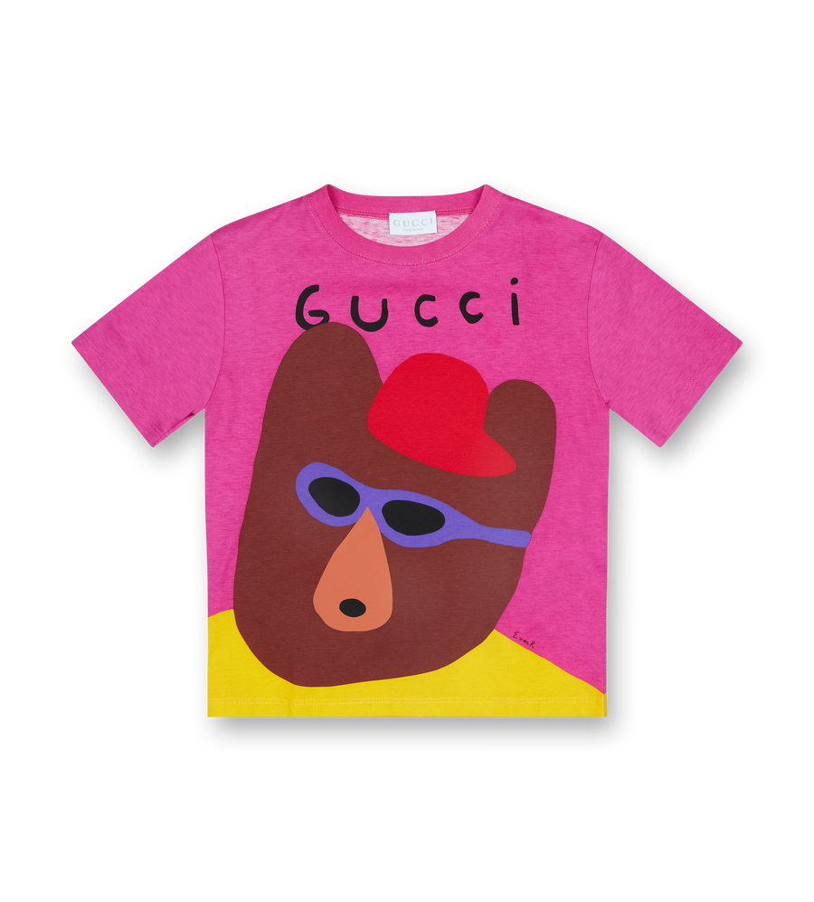 Pink Gucci t-shirt with a bear graphic on a white background
