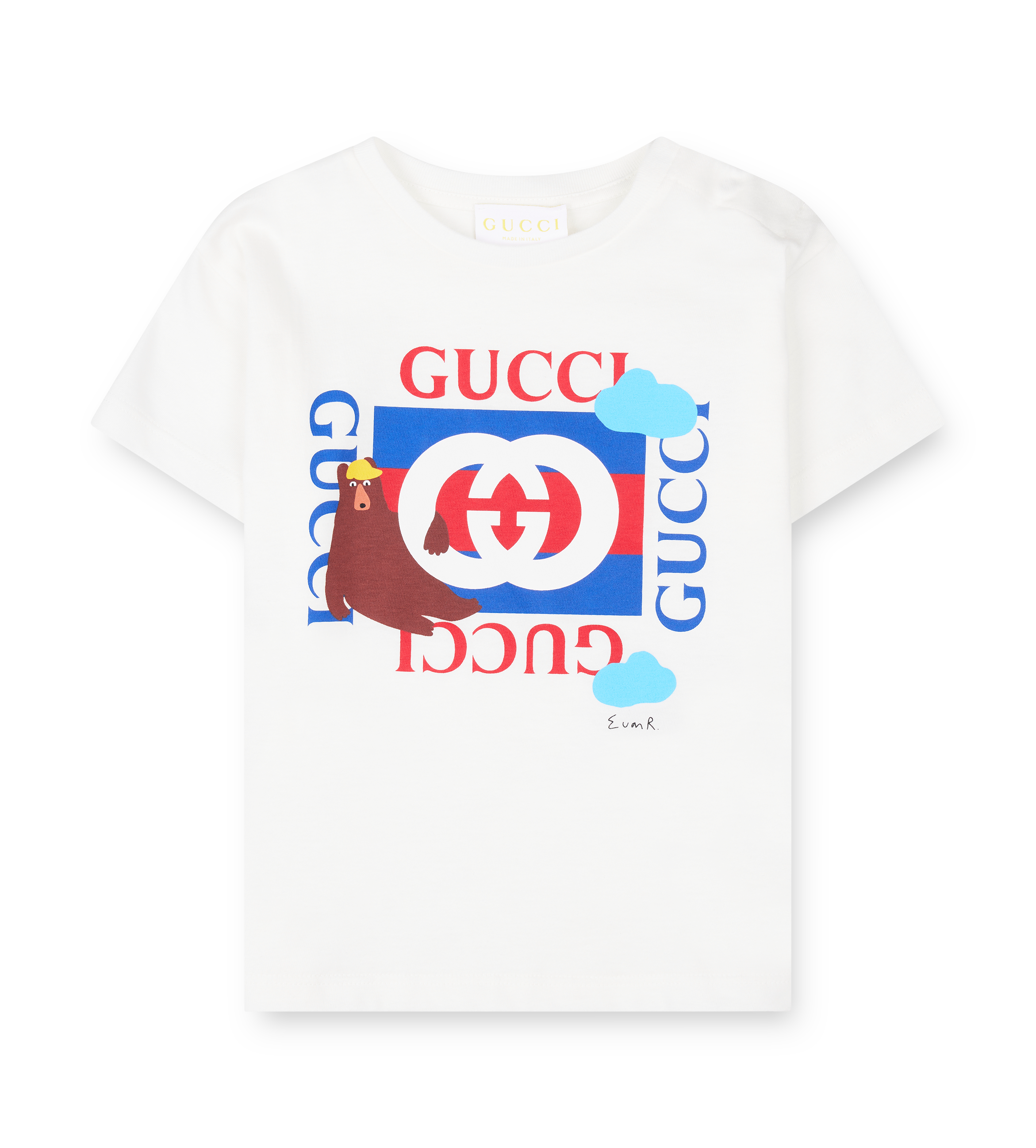 White t-shirt with Gucci logo and bear design on a white background