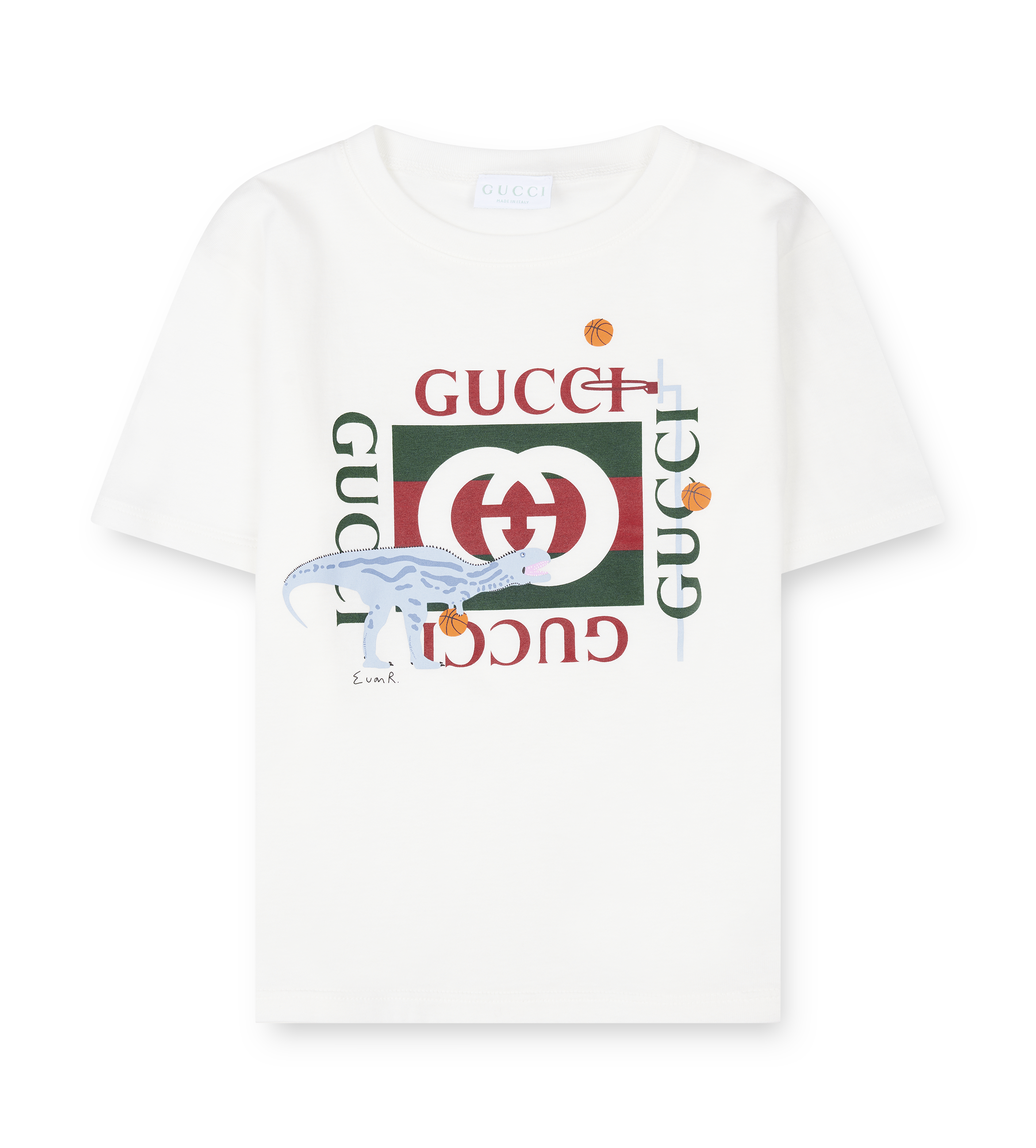 White t-shirt with Gucci logo and dinosaur graphics on a white background
