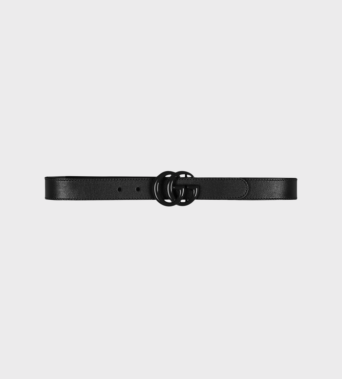 Black leather belt with interlocking G buckle, from Gucci Kids for girls.