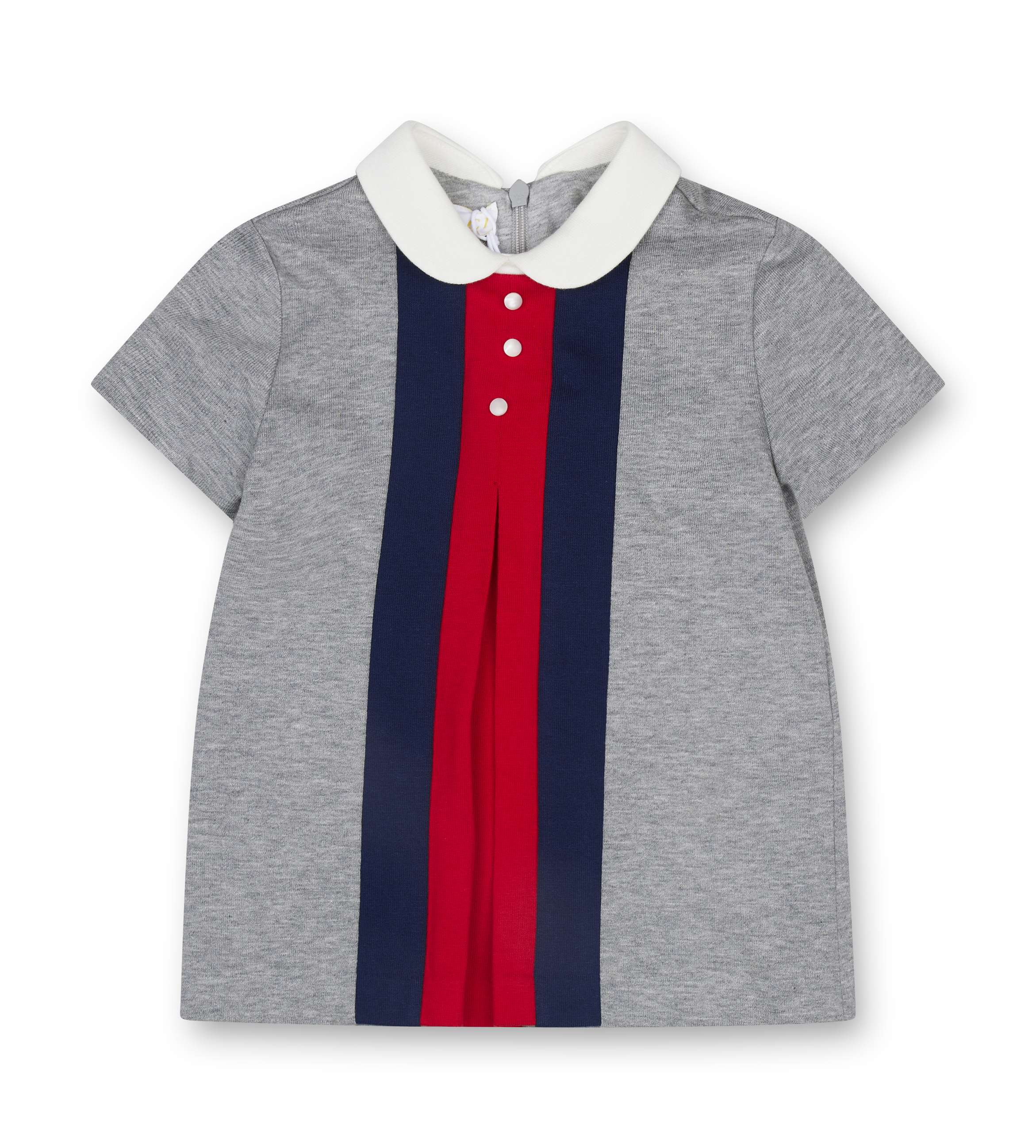 Gray dress with a red and navy stripe and white collar on a white background