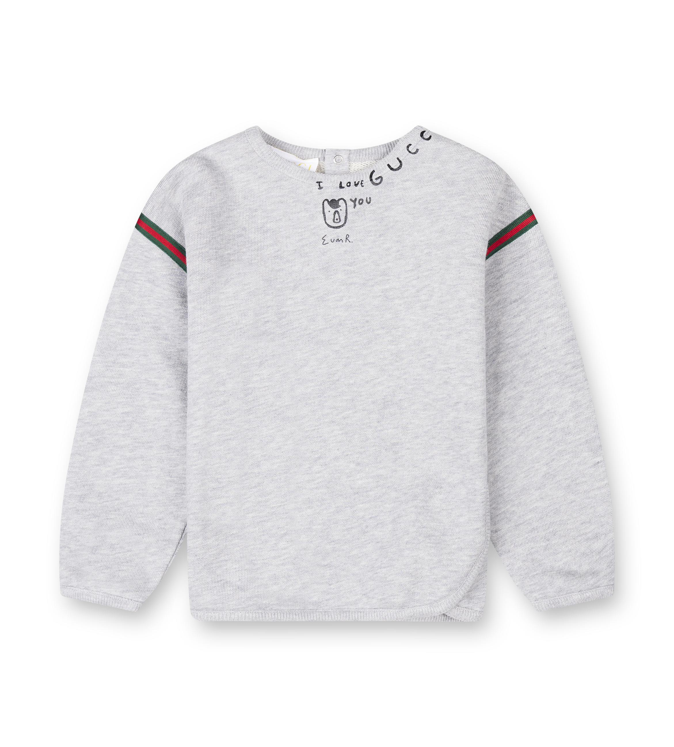 Grey crewneck sweater with a little bear print saying I love you.