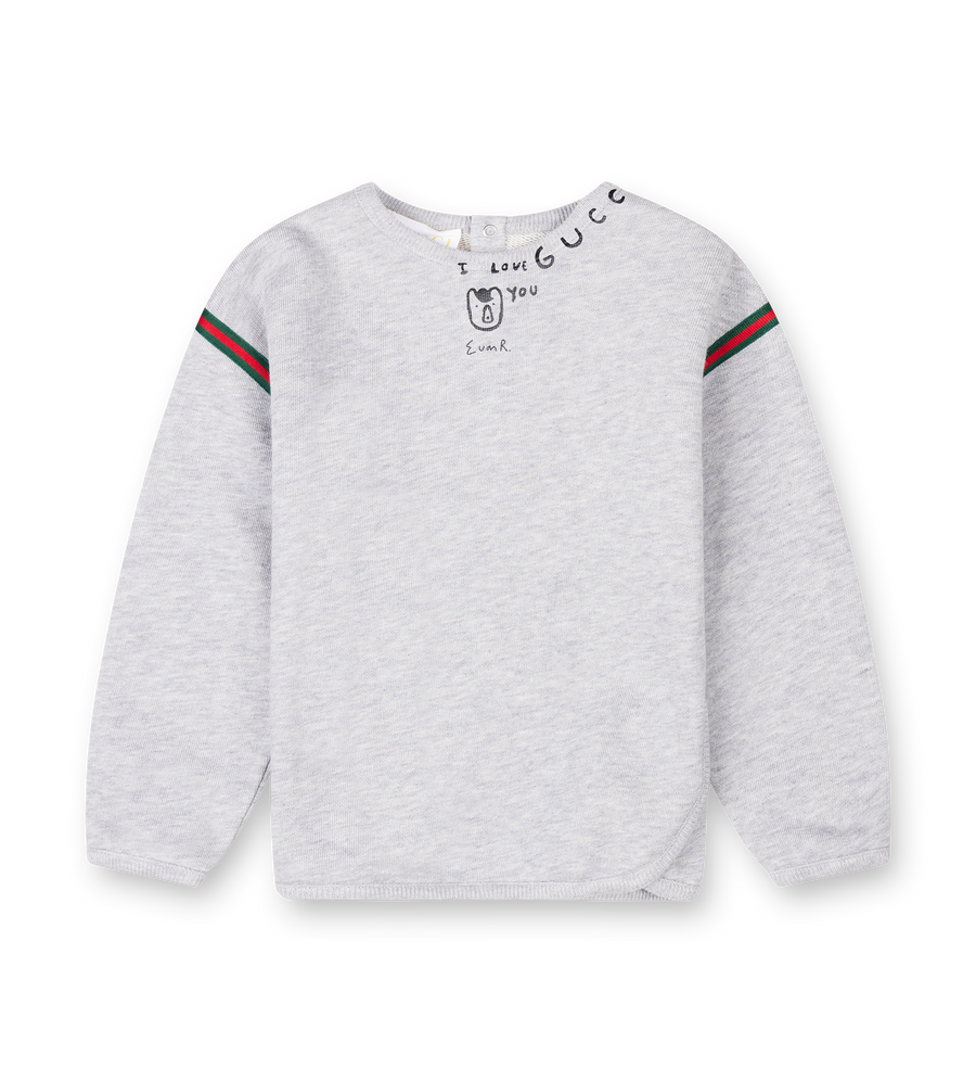Grey crewneck sweater with a little bear print saying I love you.