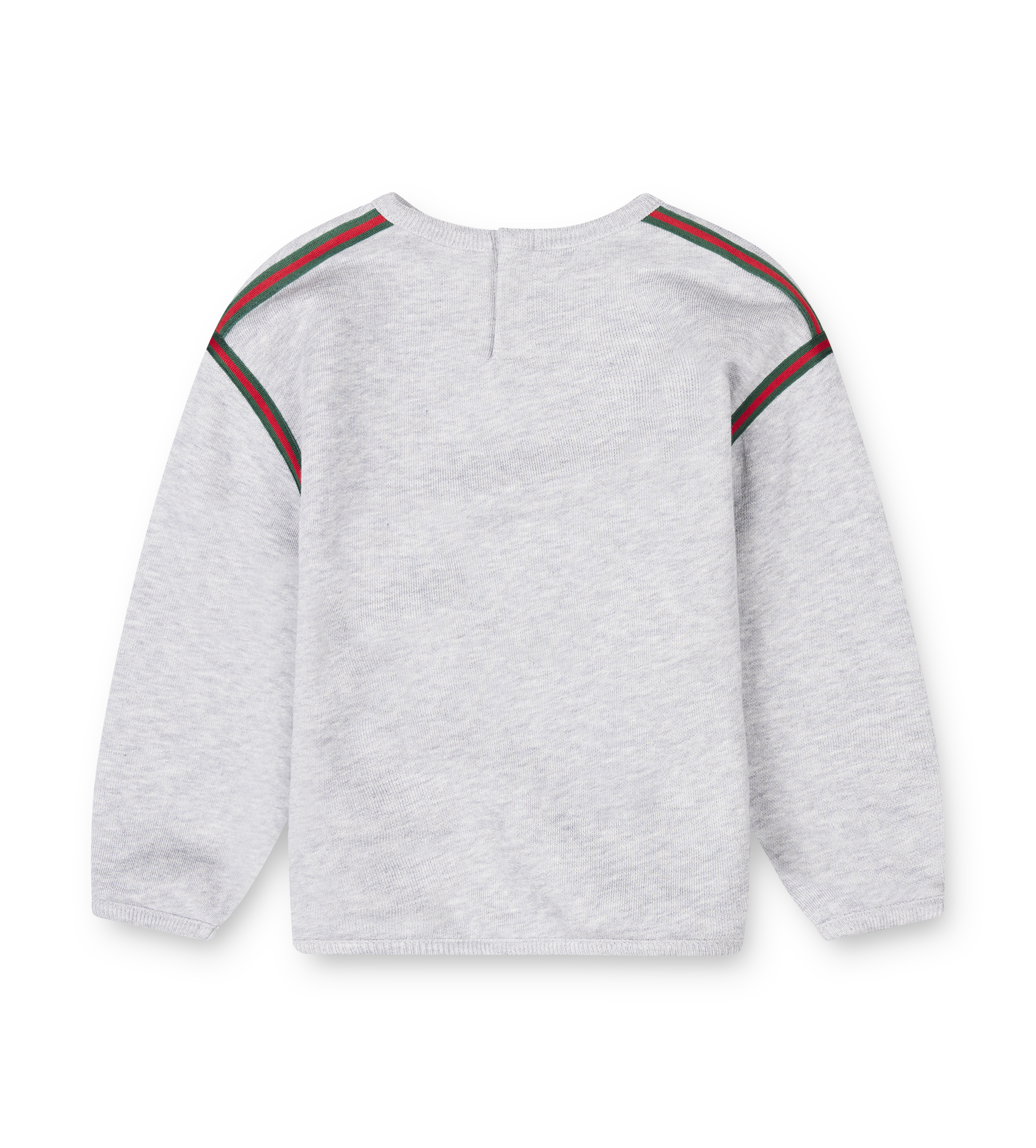 grey gucci crewneck sweater with signature gucci stripes in red and green. 
