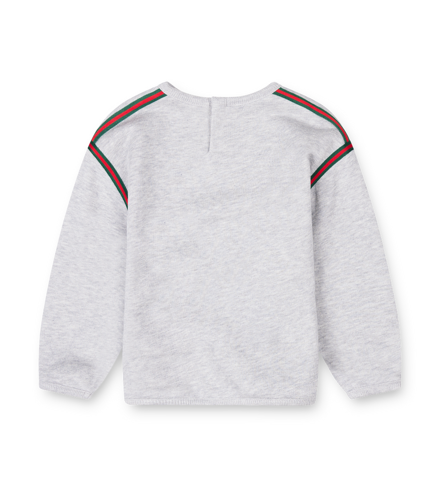 grey gucci crewneck sweater with signature gucci stripes in red and green. 