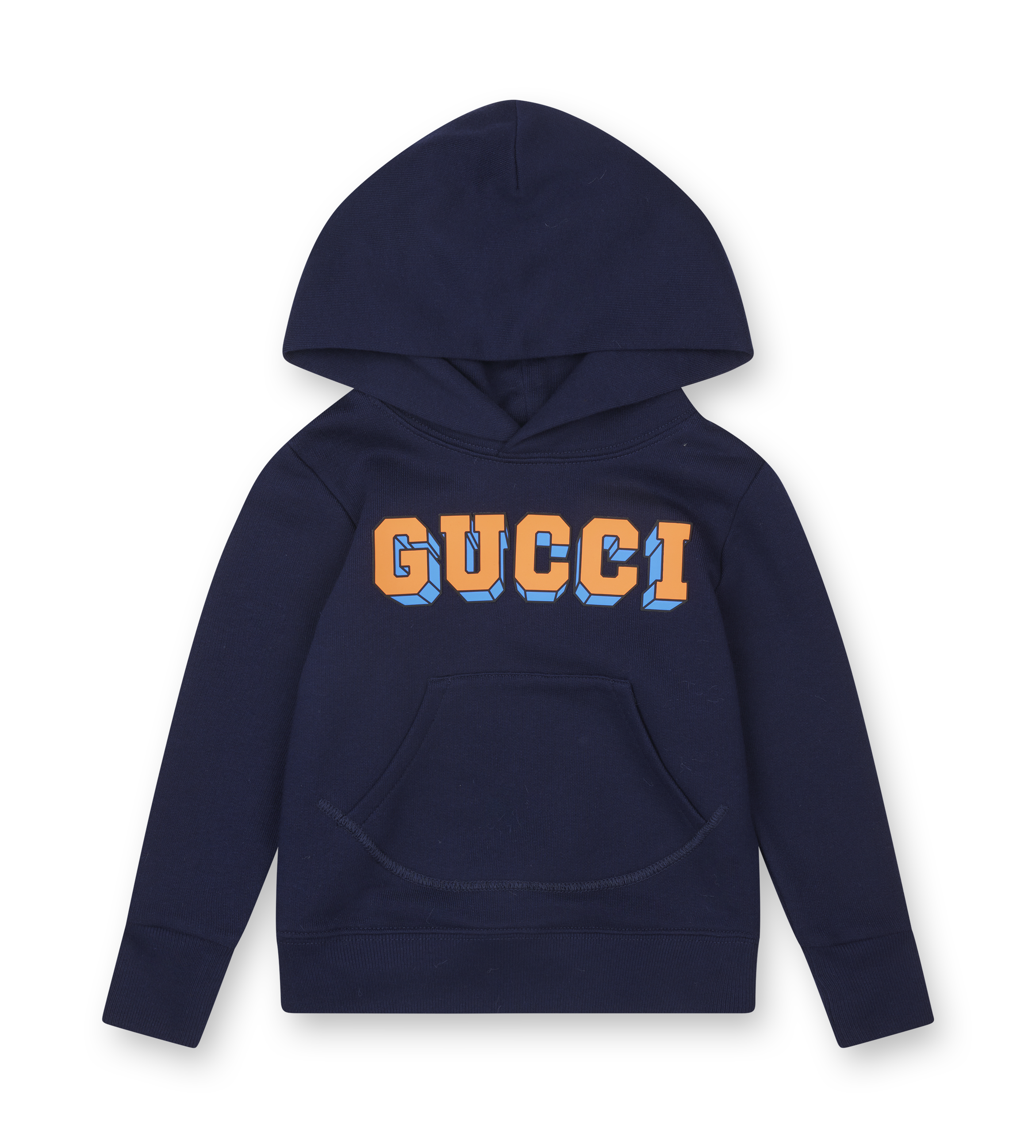 Navy blue hoodie with 'Gucci' logo on a white background