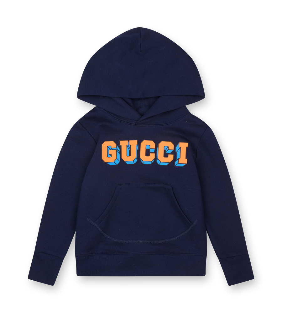 Navy blue hoodie with 'Gucci' logo on a white background