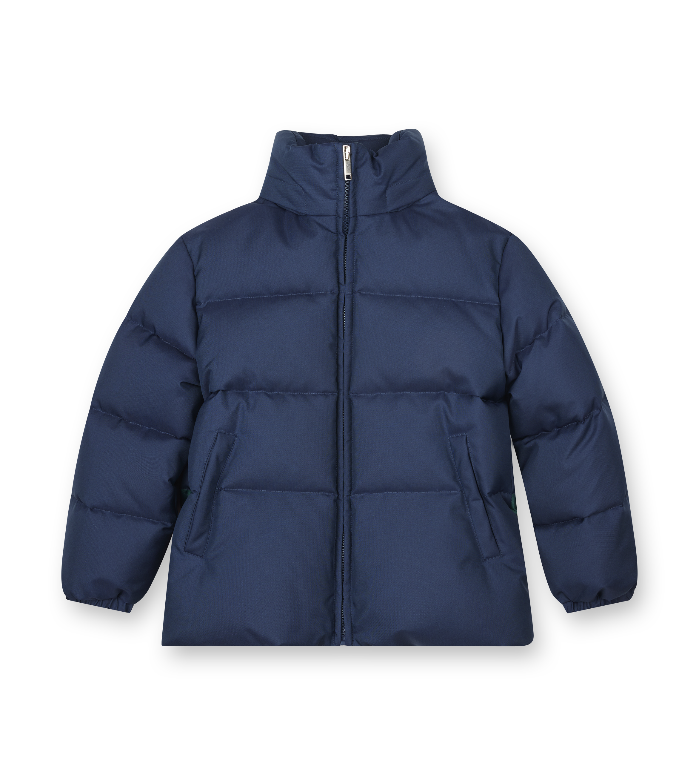 Navy blue puffer jacket on a white background